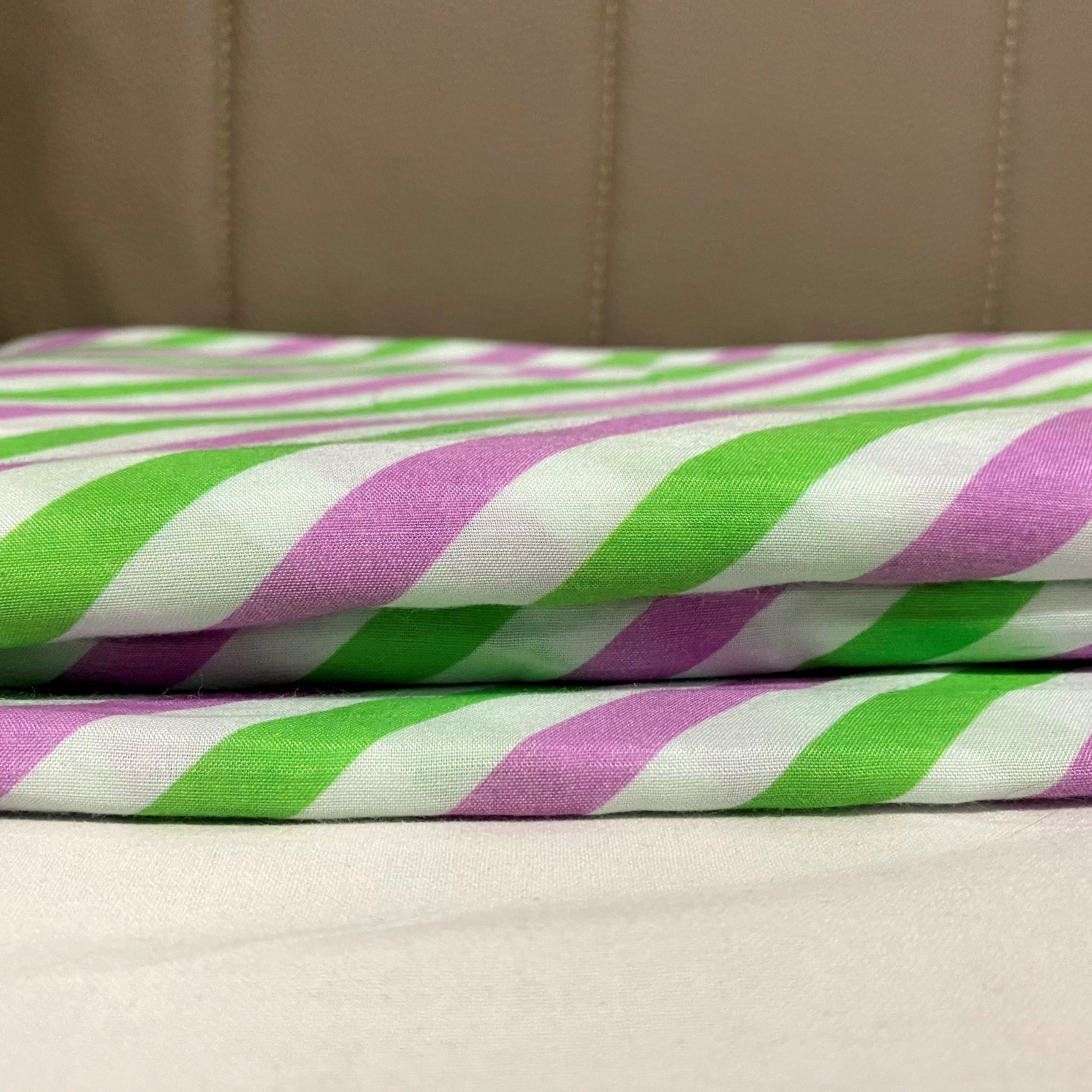 Green and Purple stripes print on Pure muslin fabric per meter - indiefabstore