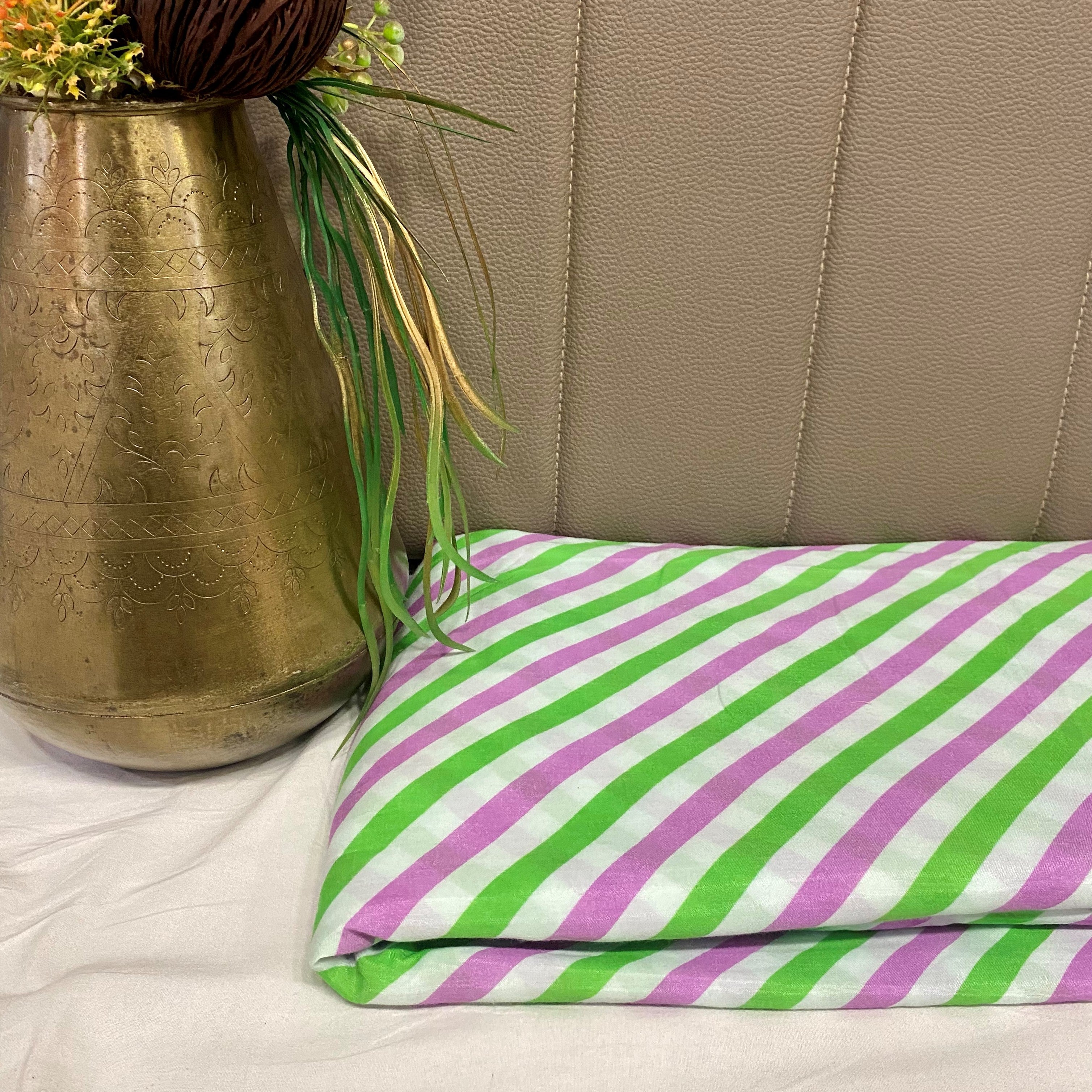 Green and Purple stripes print on Pure muslin fabric per meter - indiefabstore