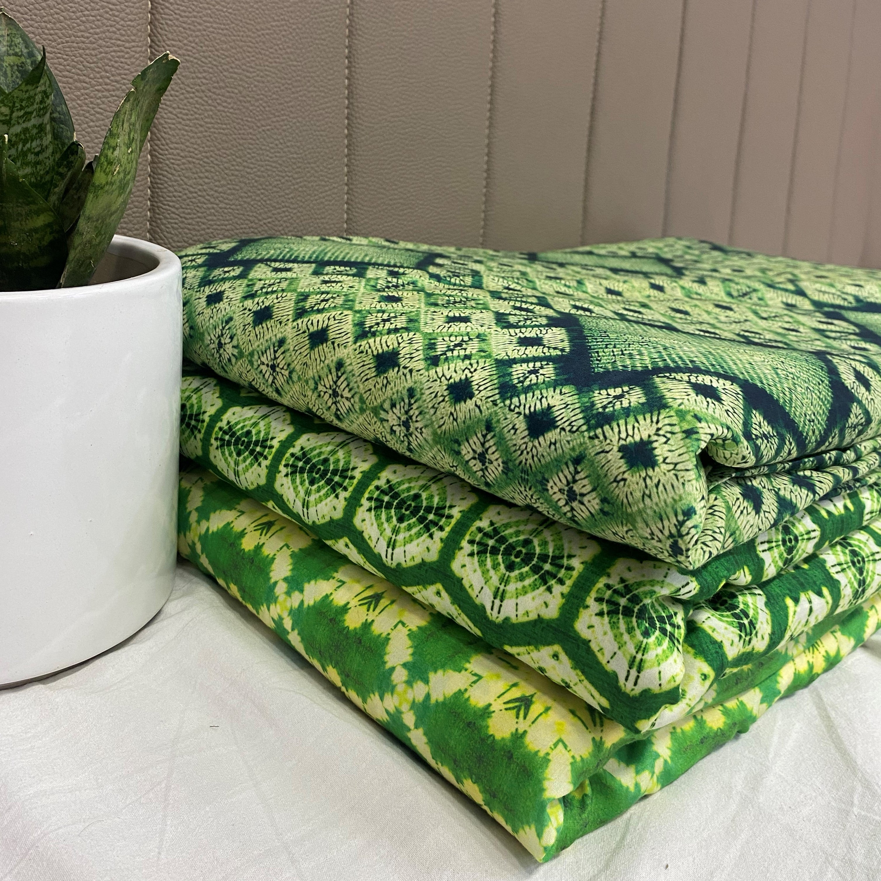 Green and Yellow tye and dye All Over Printed Poly Muslin Fabric per meter - indiefabstore