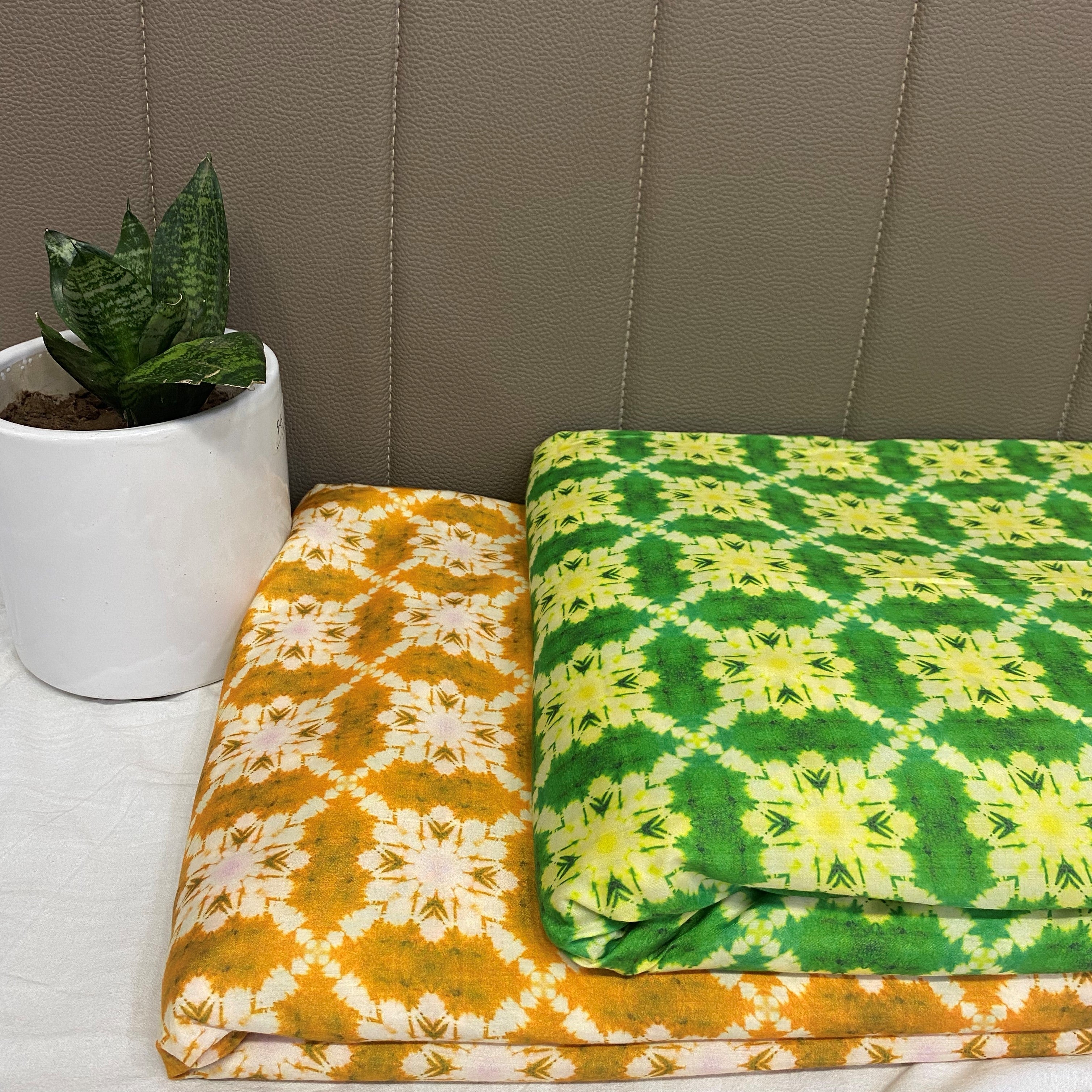 Green and Yellow tye and dye All Over Printed Poly Muslin Fabric per meter - indiefabstore