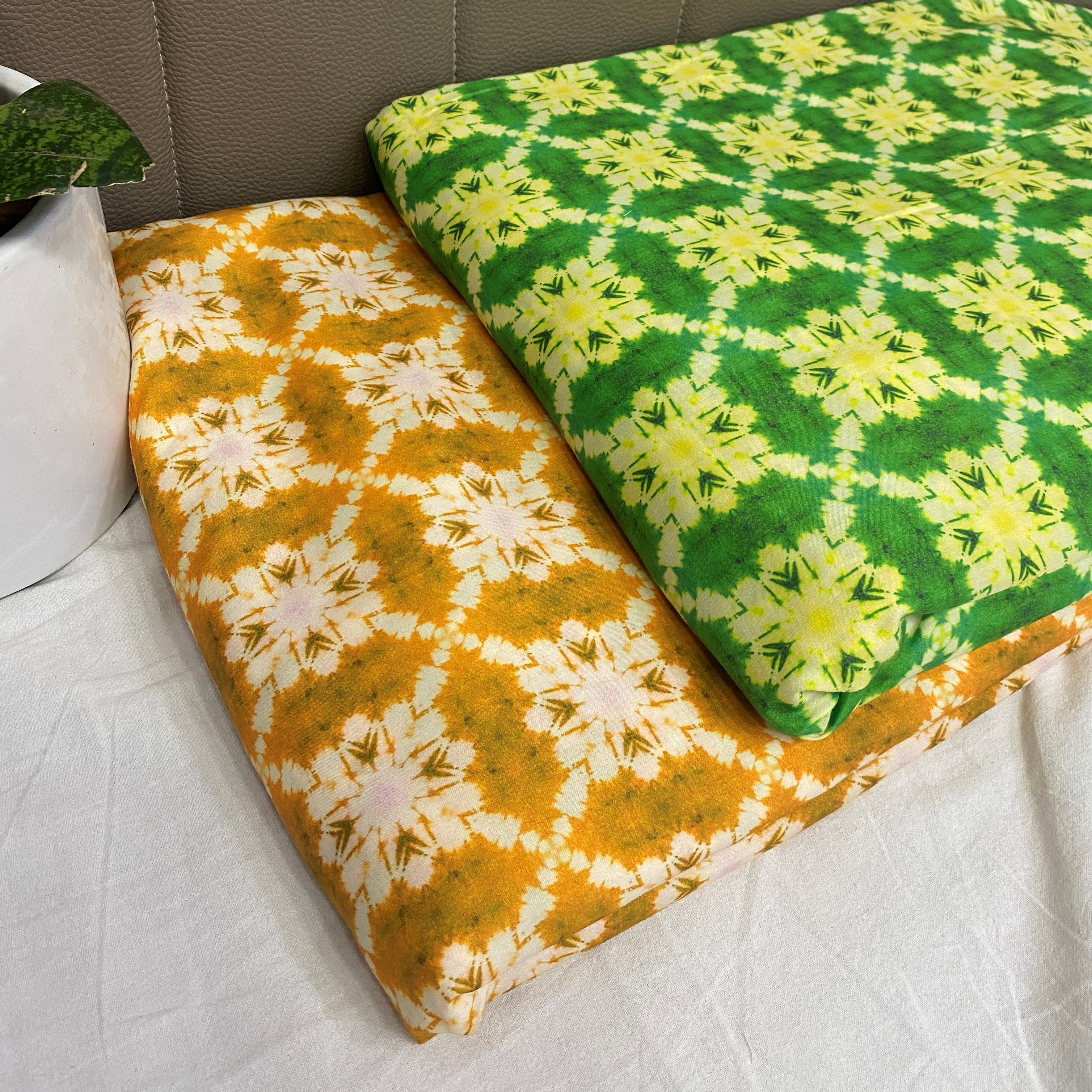Green and Yellow tye and dye All Over Printed Poly Muslin Fabric per meter - indiefabstore