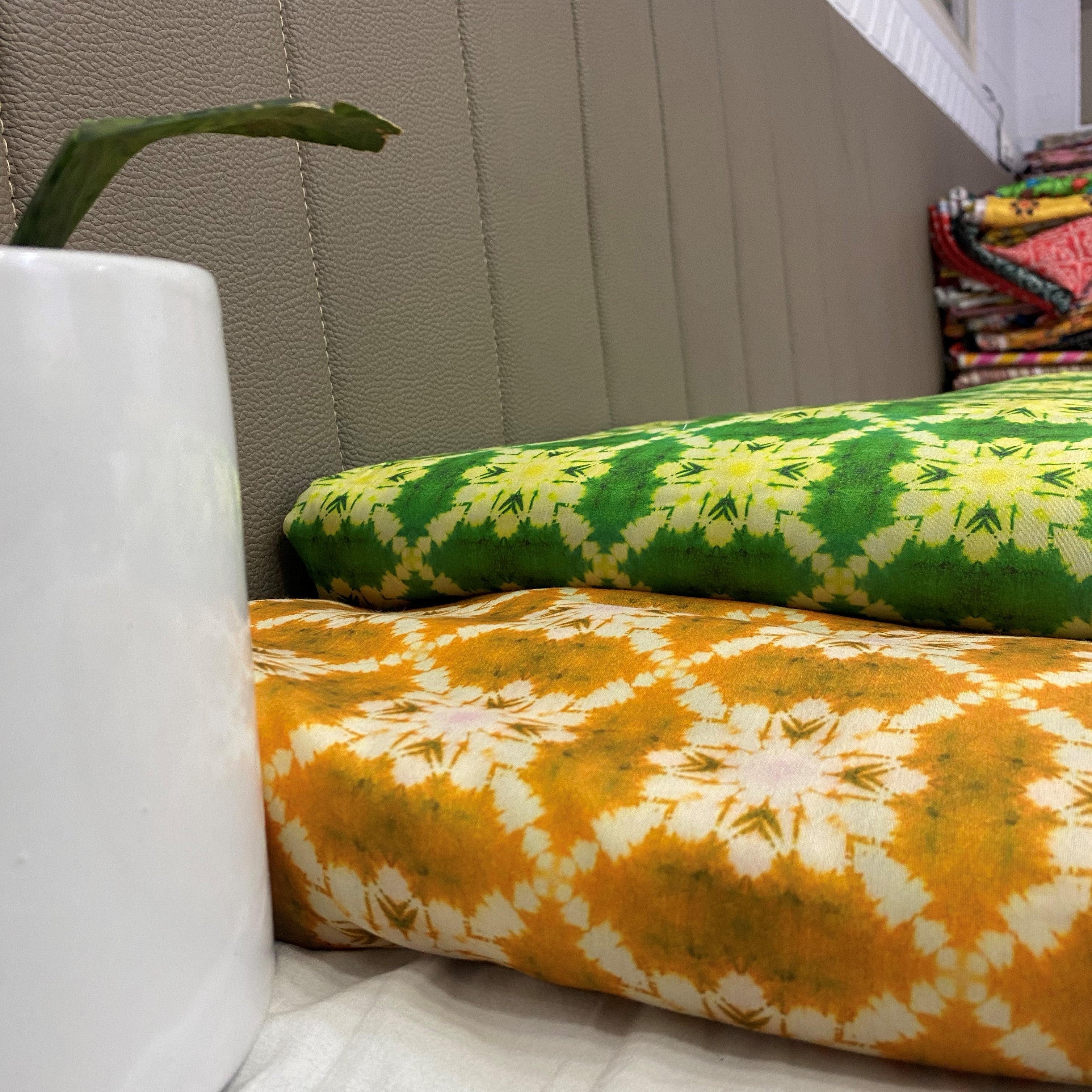 Green and Yellow tye and dye All Over Printed Poly Muslin Fabric per meter - indiefabstore