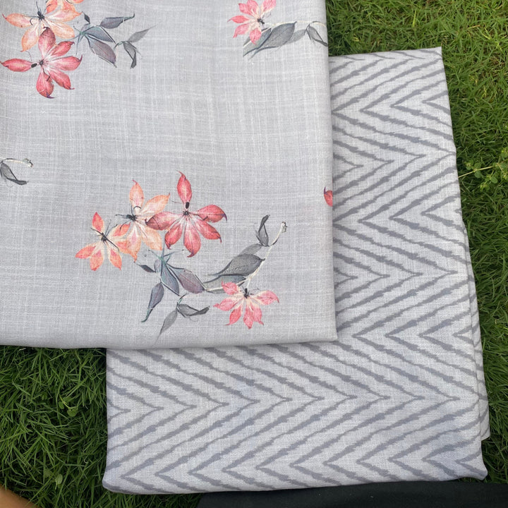 Grey floral top with Zig zag print bottom fabric per meter price - indiefabstore