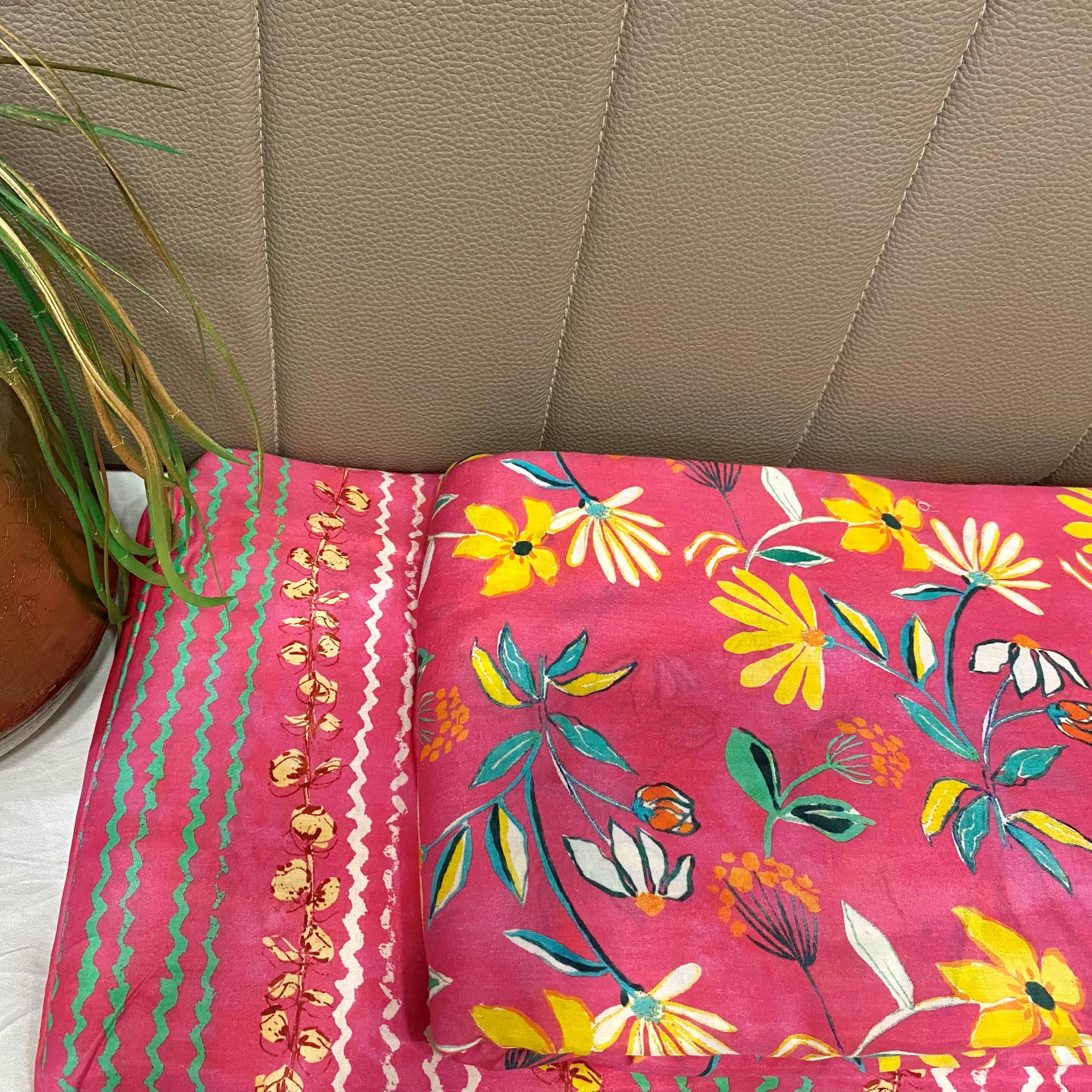 Hot pink shaded Top and bottom Floral print set on Pure muslin fabric, per meter price - indiefabstore