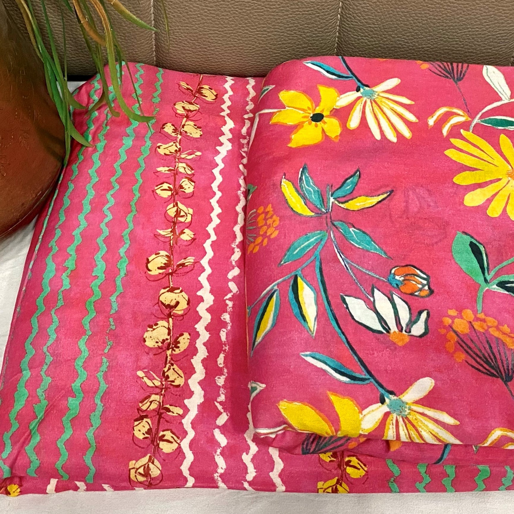 Hot pink shaded Top and bottom Floral print set on Pure muslin fabric, per meter price - indiefabstore