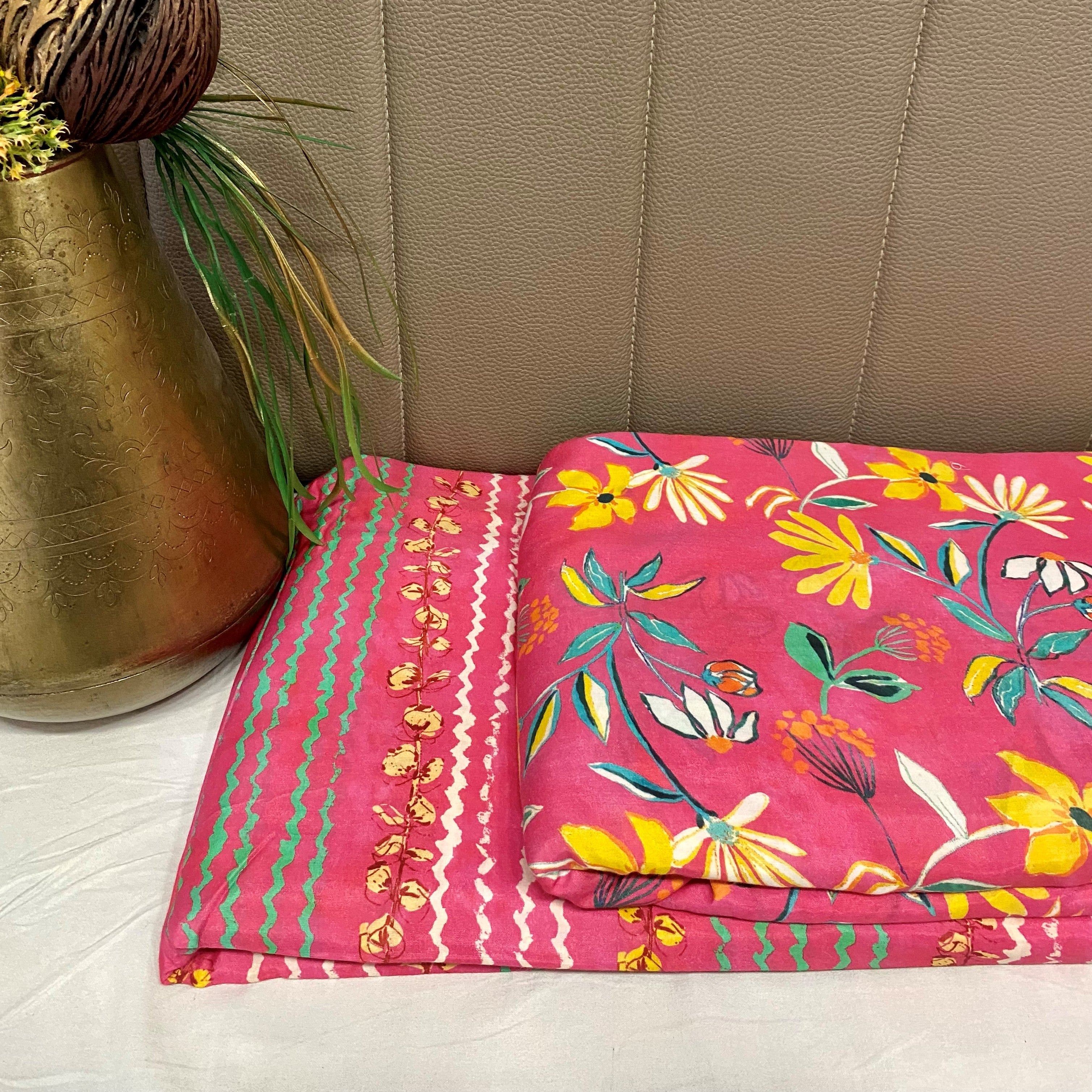 Hot pink shaded Top and bottom Floral print set on Pure muslin fabric, per meter price - indiefabstore