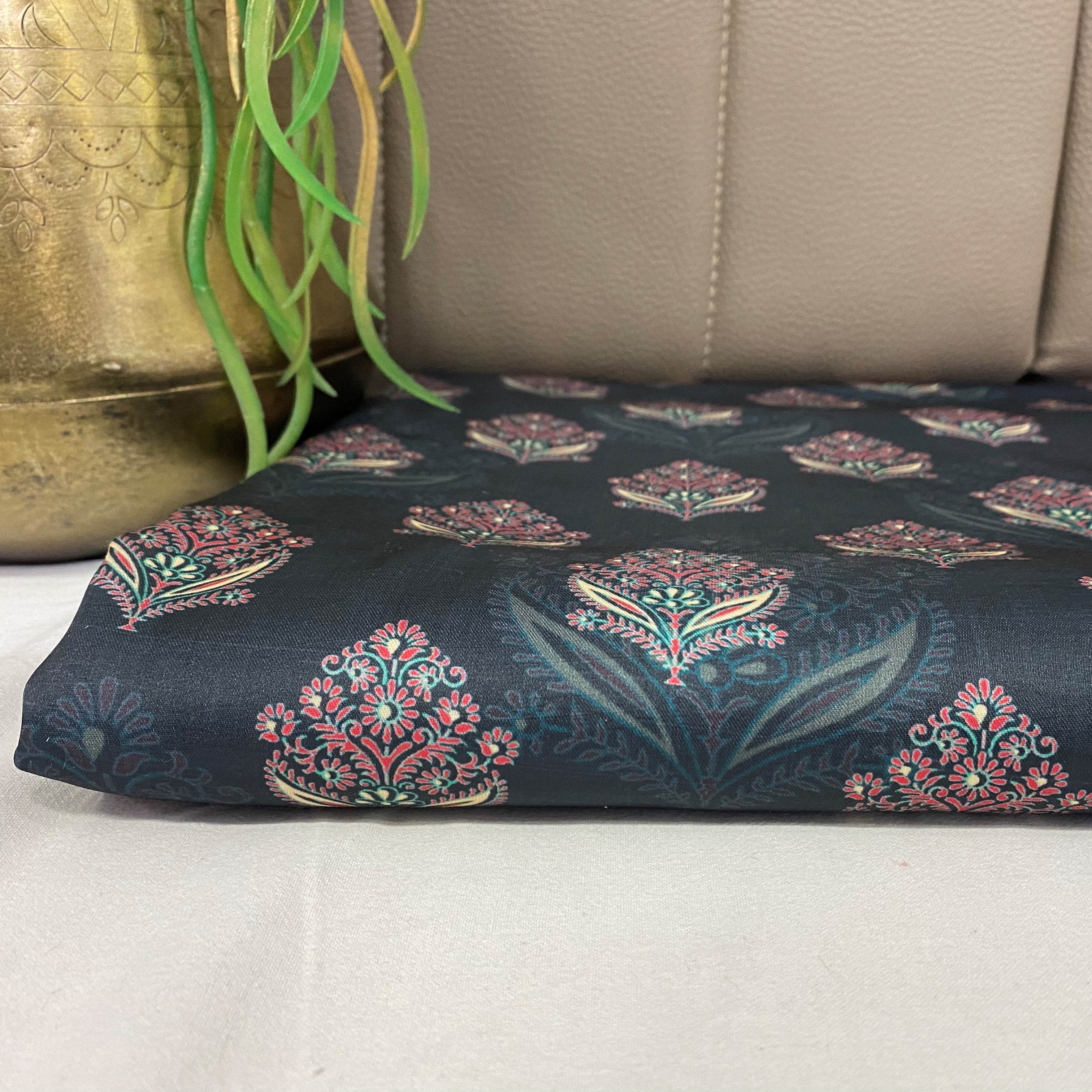 Intricate dark floral print on breathable and lustrous linen satin per meter - indiefabstore