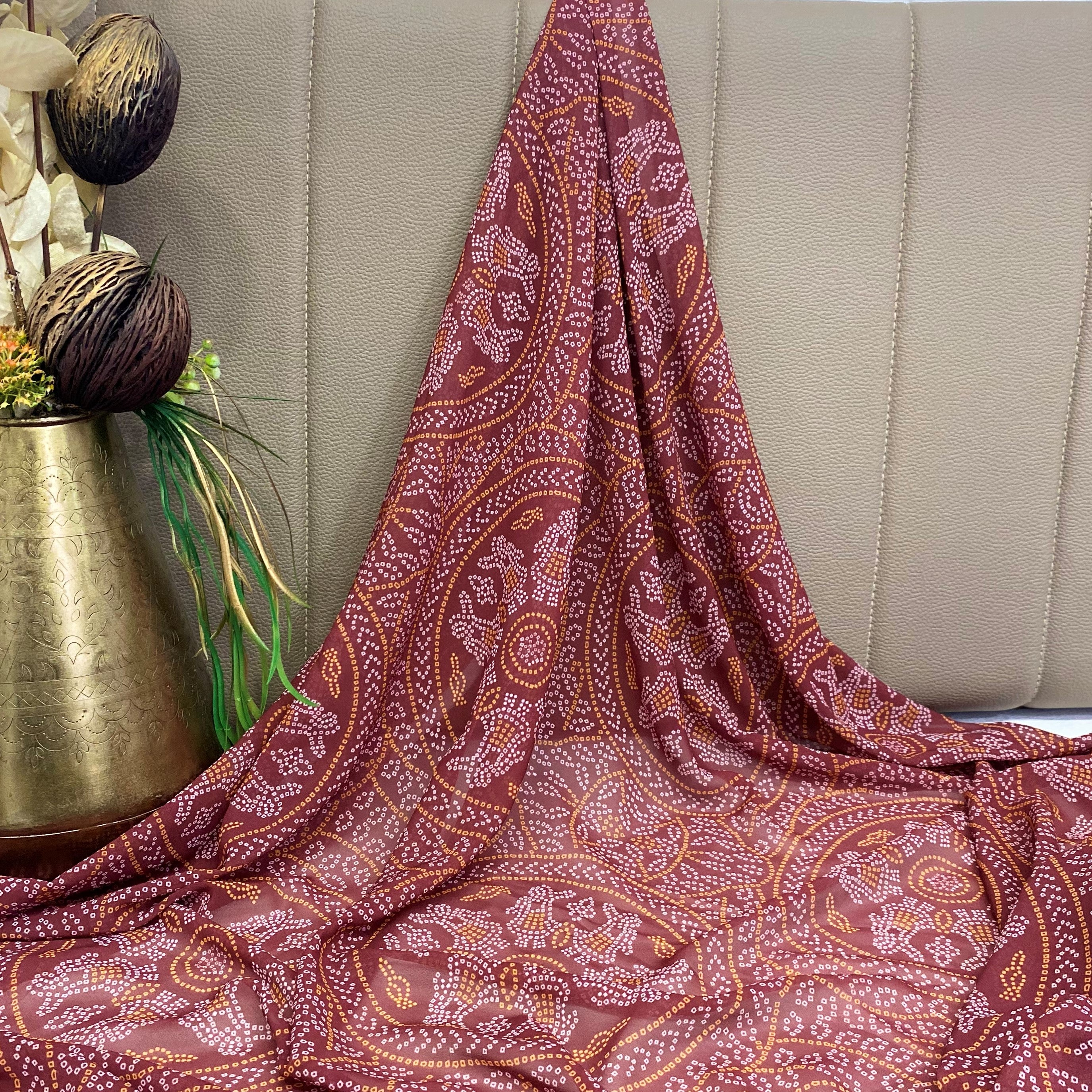 Maroon Bandhani Print Georgette Fabric per meter - indiefabstore