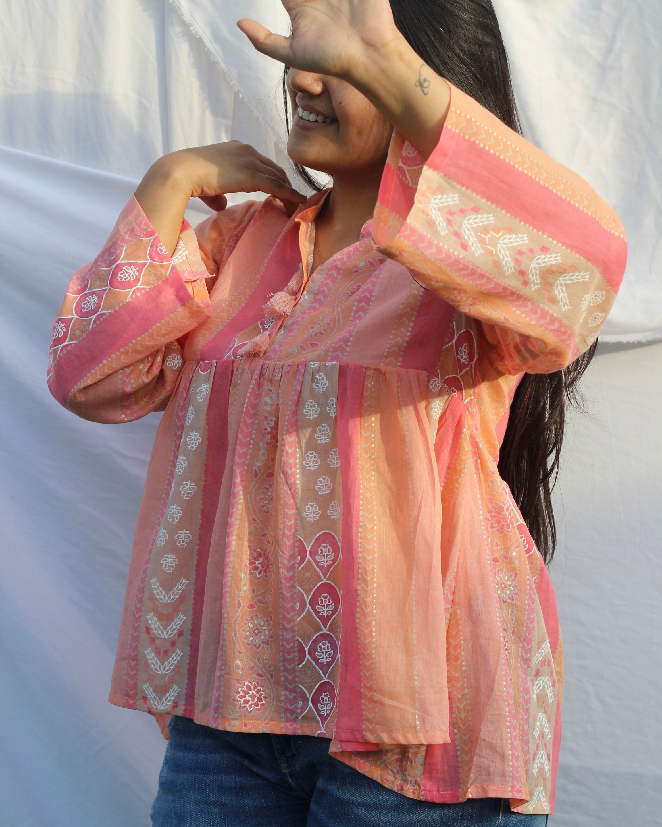 Multi-design unique striped print on Mul cotton - Short top - indiefabstore