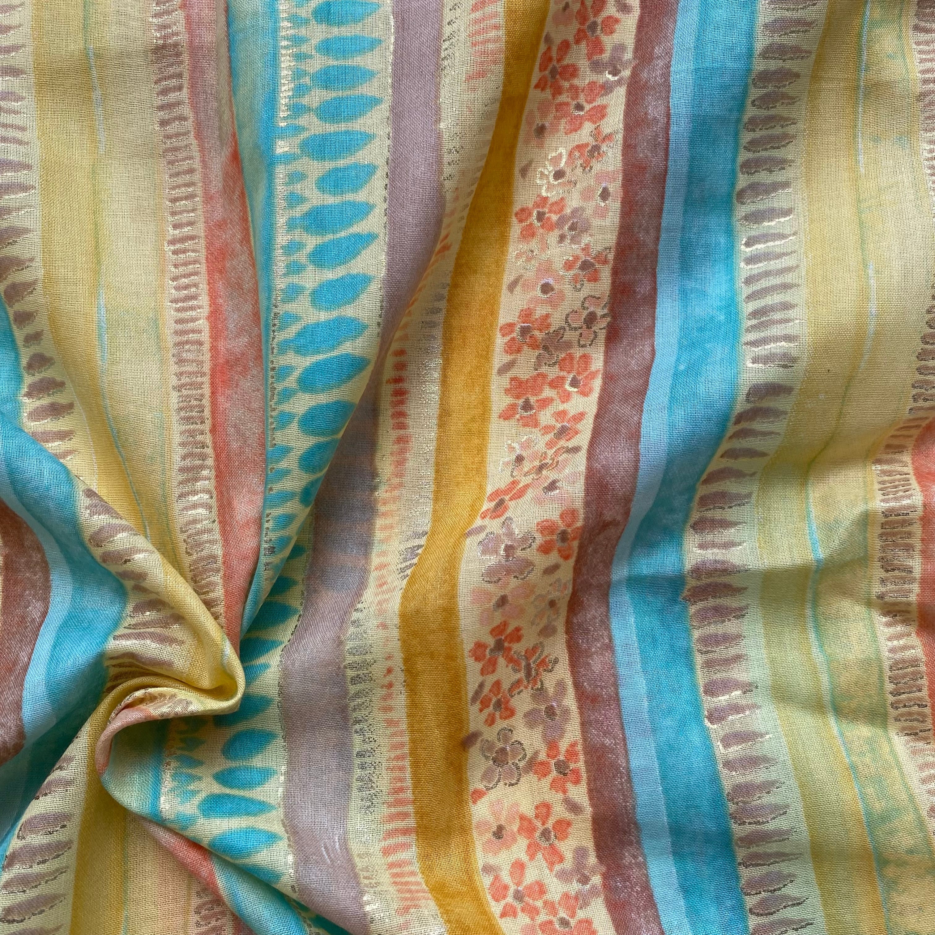Multiprint stripes on yellow pure mul cotton fabric with foil per meter - indiefabstore