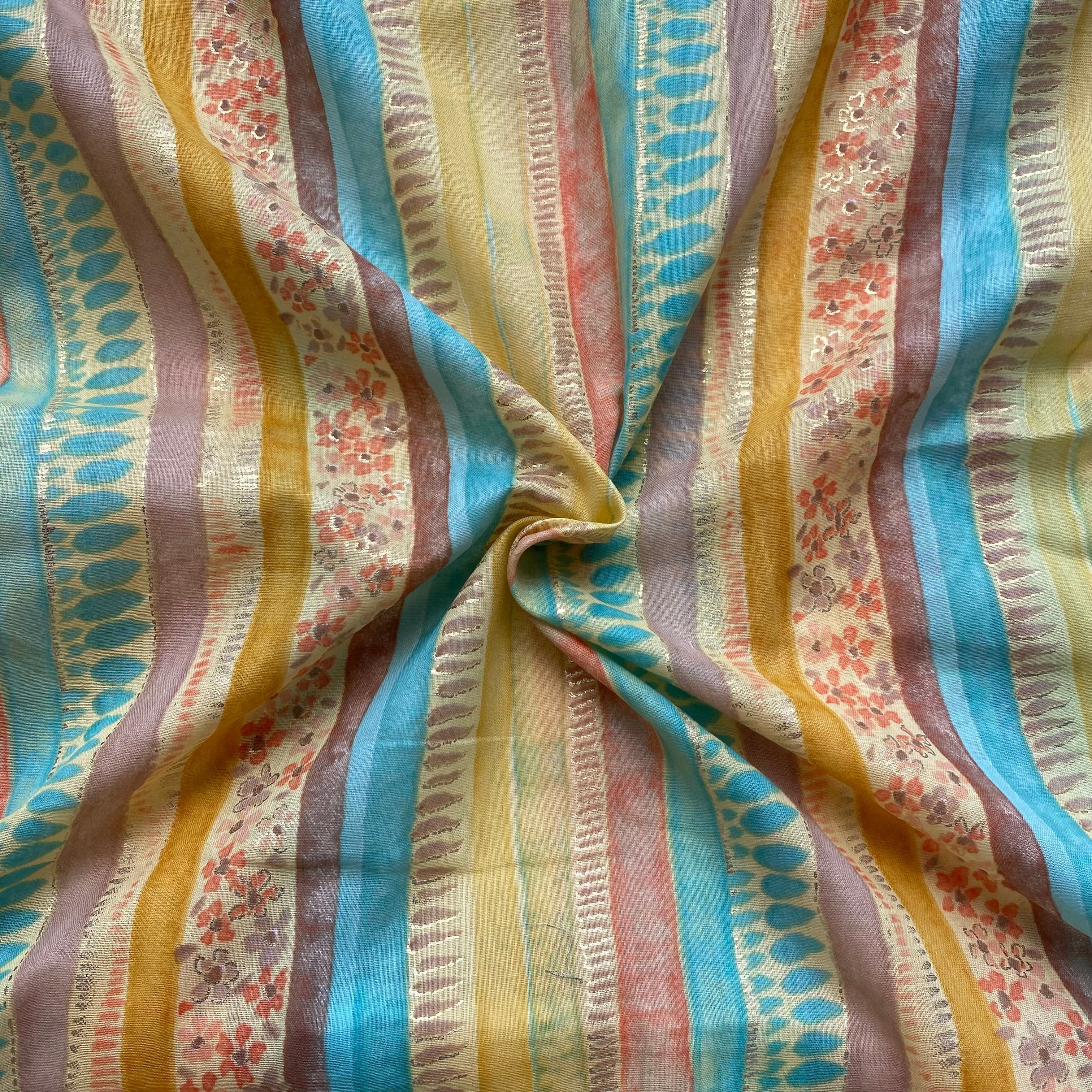 Multiprint stripes on yellow pure mul cotton fabric with foil per meter - indiefabstore