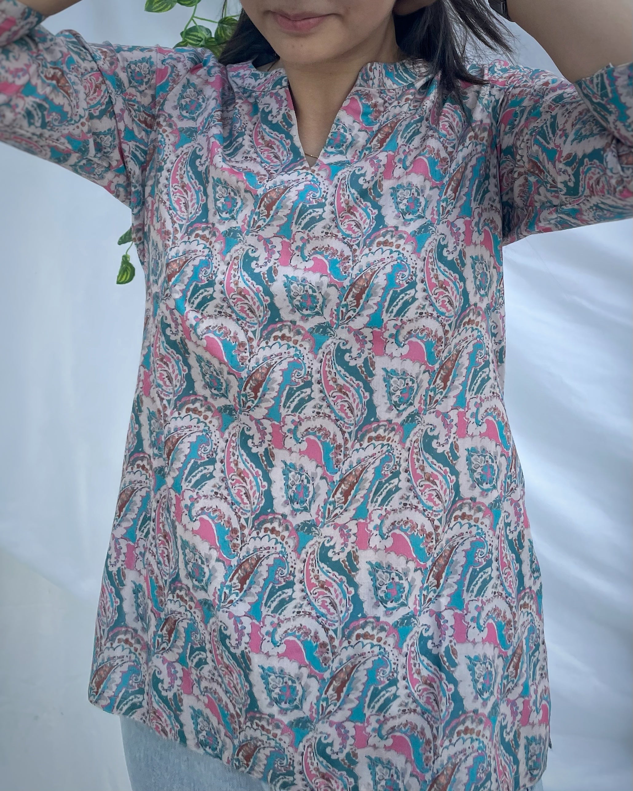 Paisley blue print on Mul cotton short kurta - indiefabstore