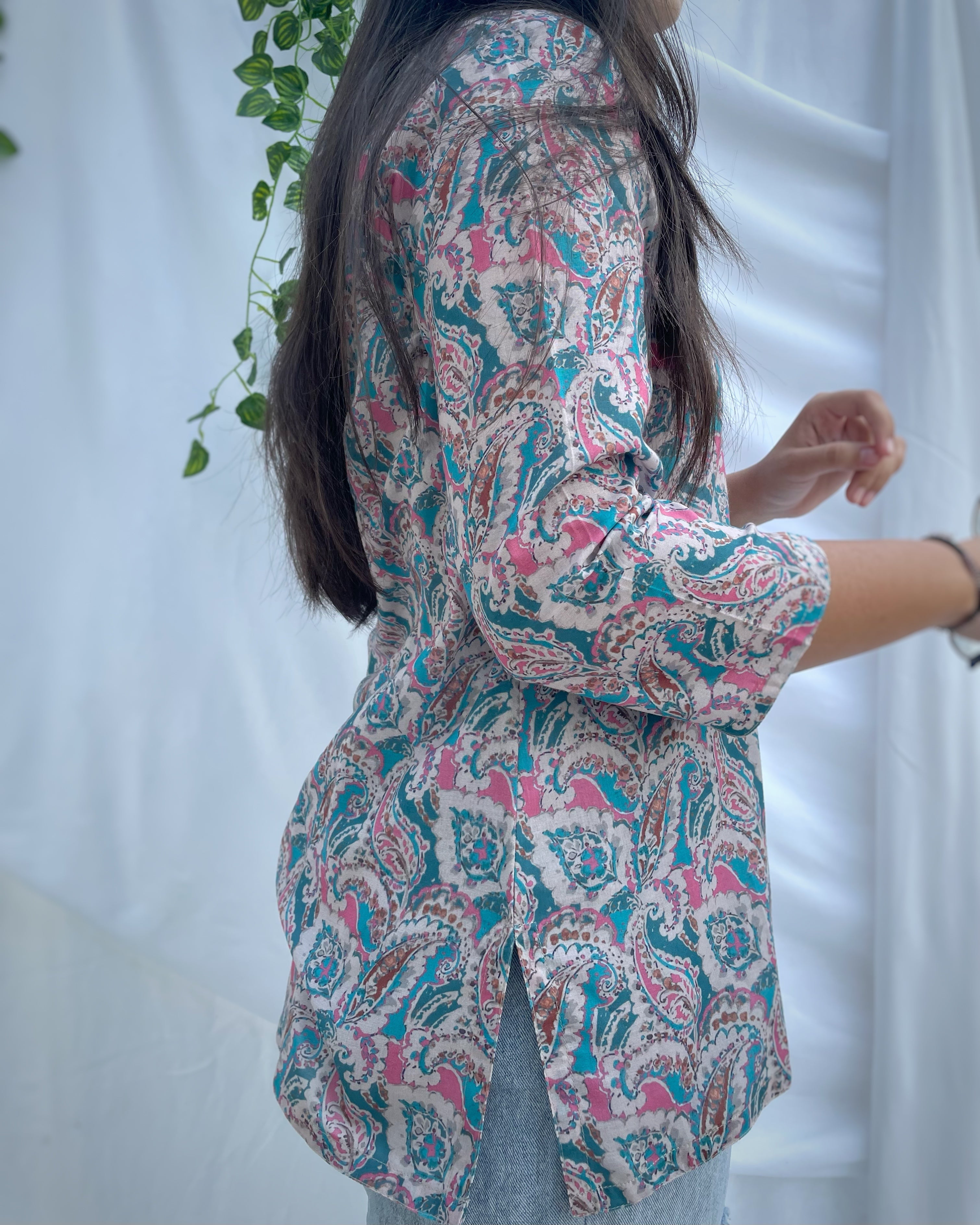 Paisley blue print on Mul cotton short kurta - indiefabstore