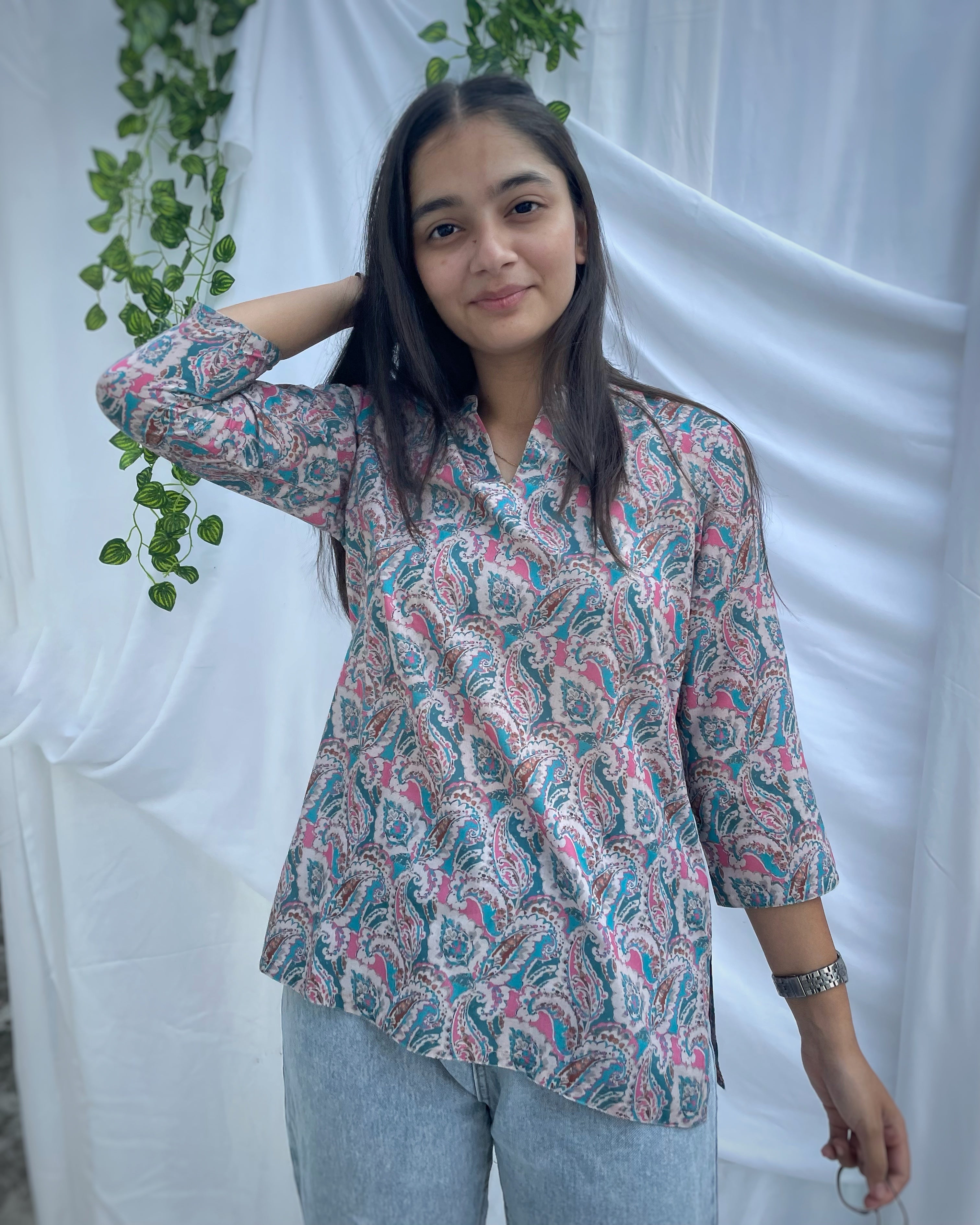 Paisley blue print on Mul cotton short kurta - indiefabstore