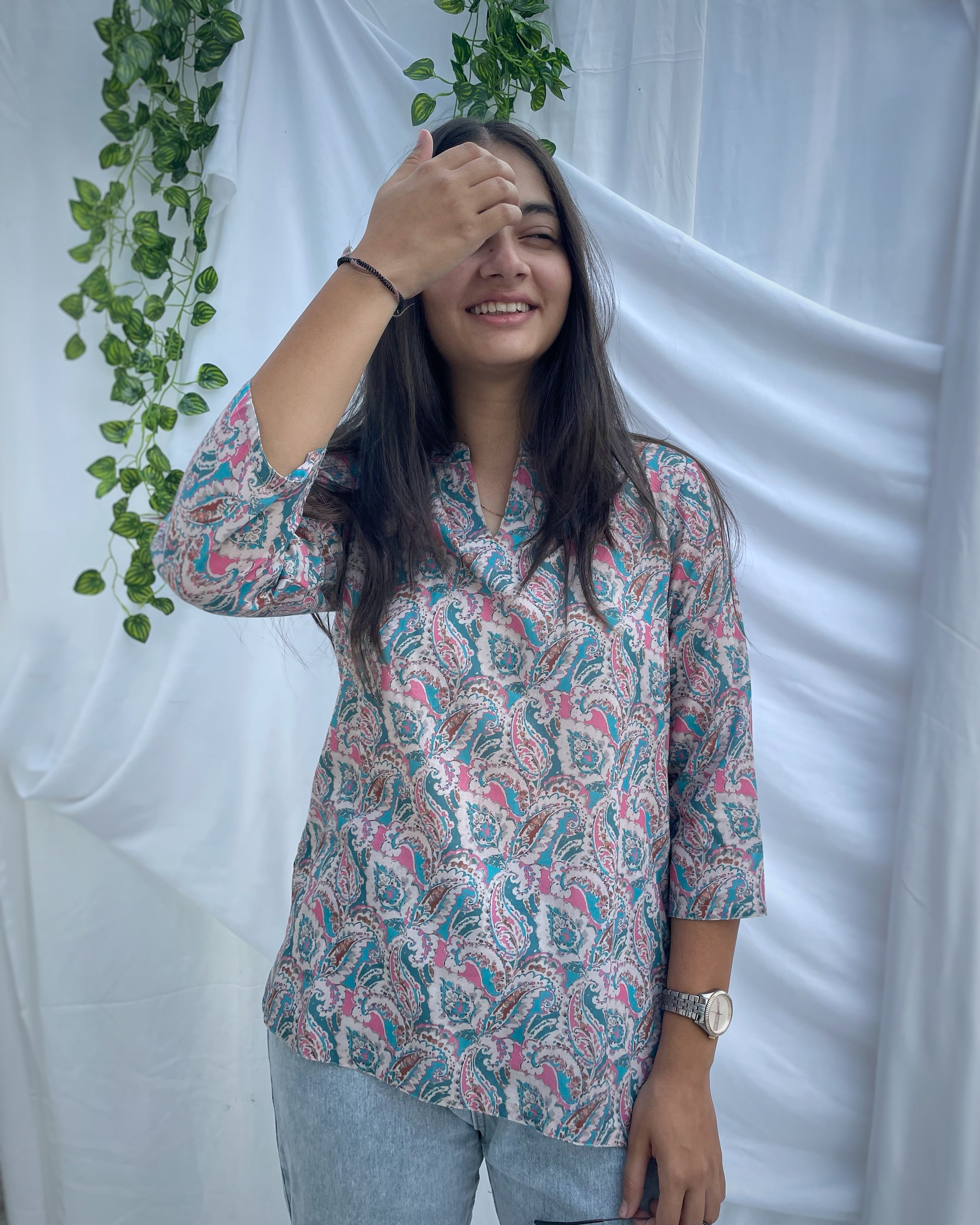 Paisley blue print on Mul cotton short kurta - indiefabstore