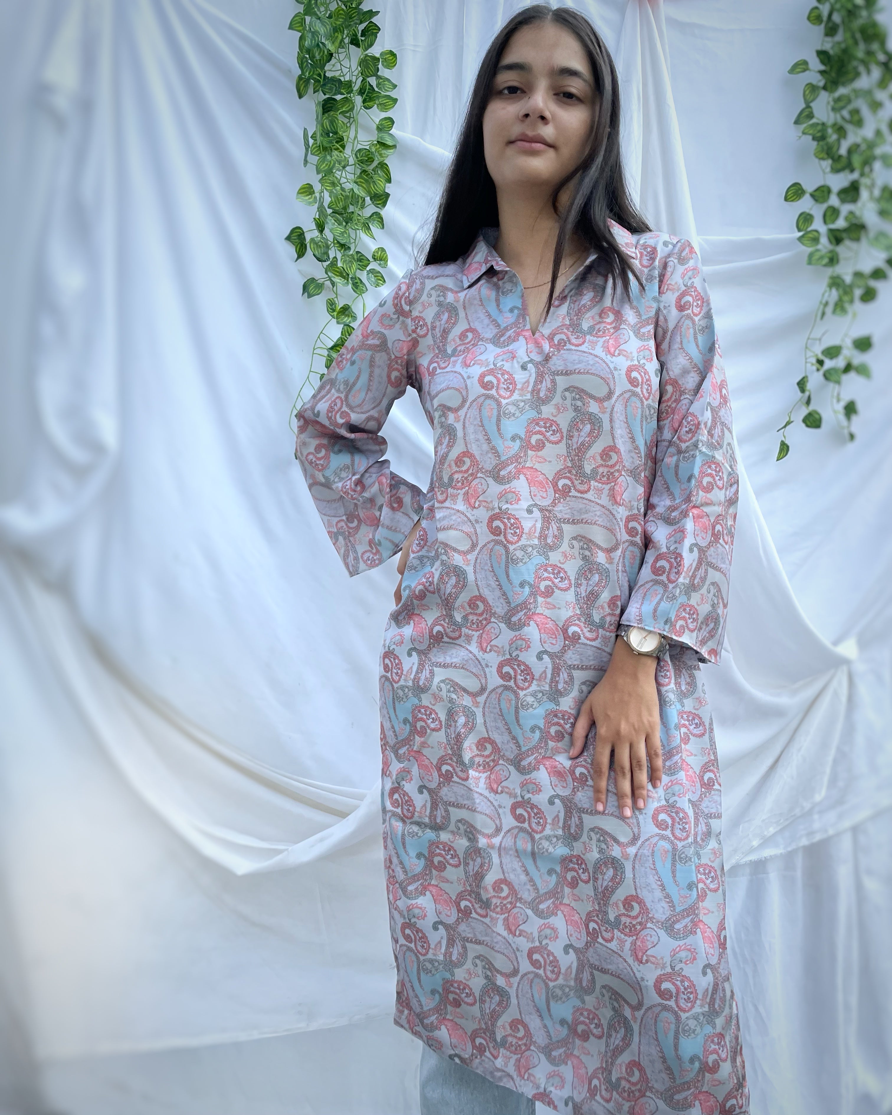 Paisley Kurta on Linen Satin fabric - indiefabstore