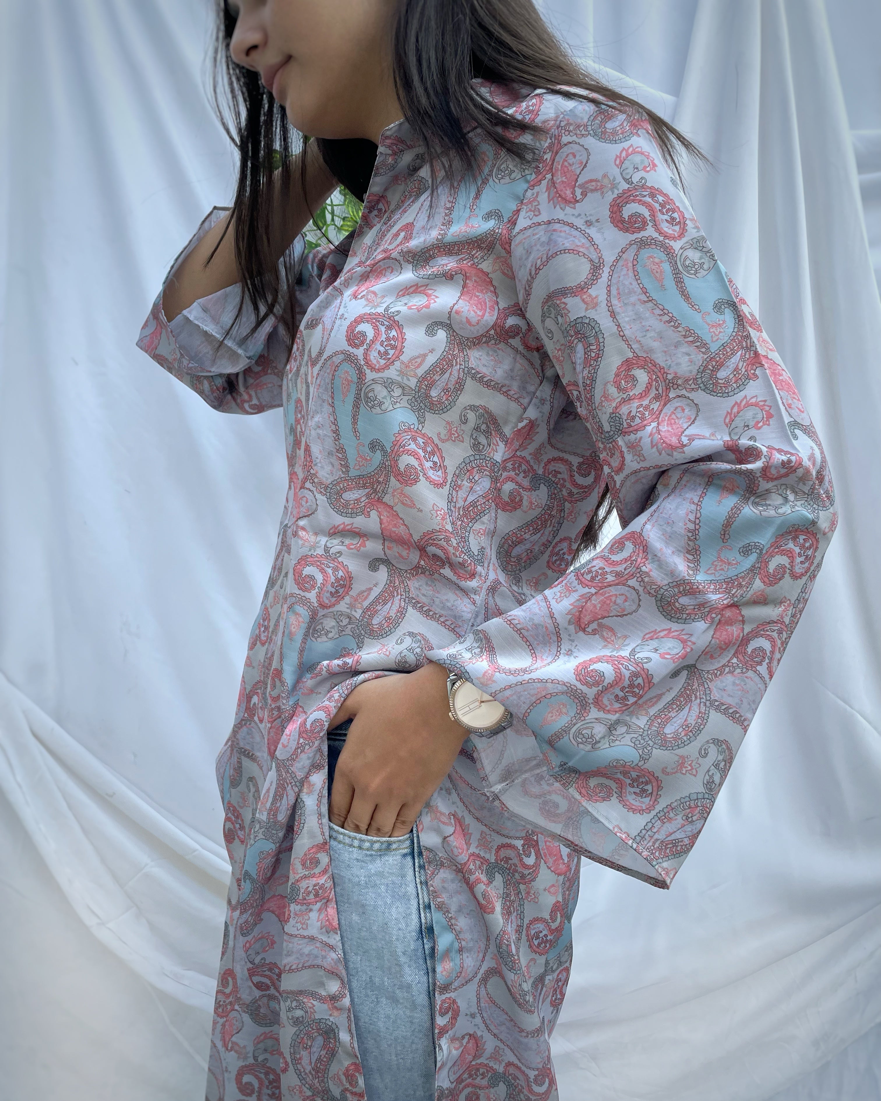 Paisley Kurta on Linen Satin fabric - indiefabstore