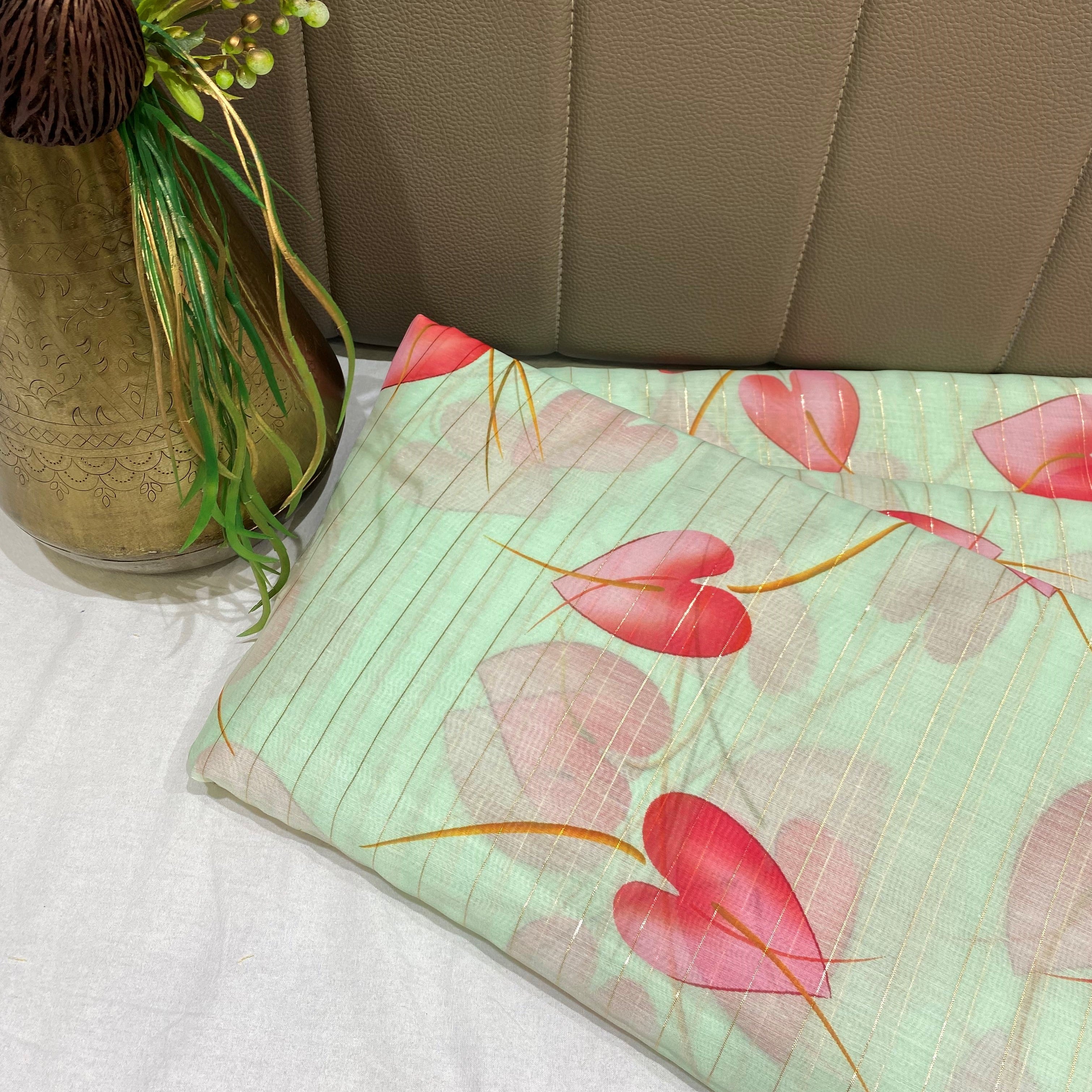 Polylurex Chanderi Fabric In Mint Colour With Pink Leaves Digital Print per meter - indiefabstore
