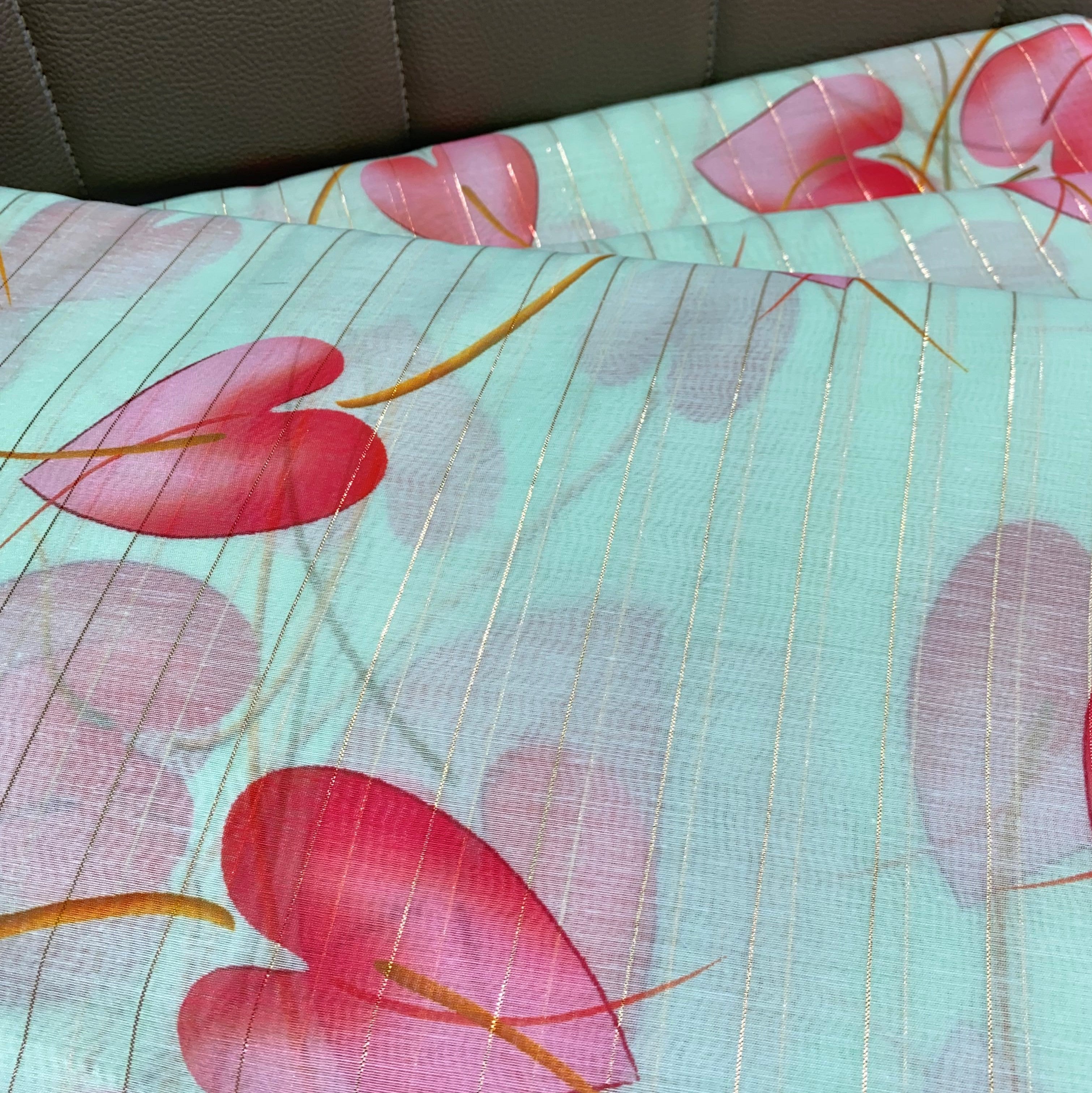 Polylurex Chanderi Fabric In Mint Colour With Pink Leaves Digital Print per meter - indiefabstore