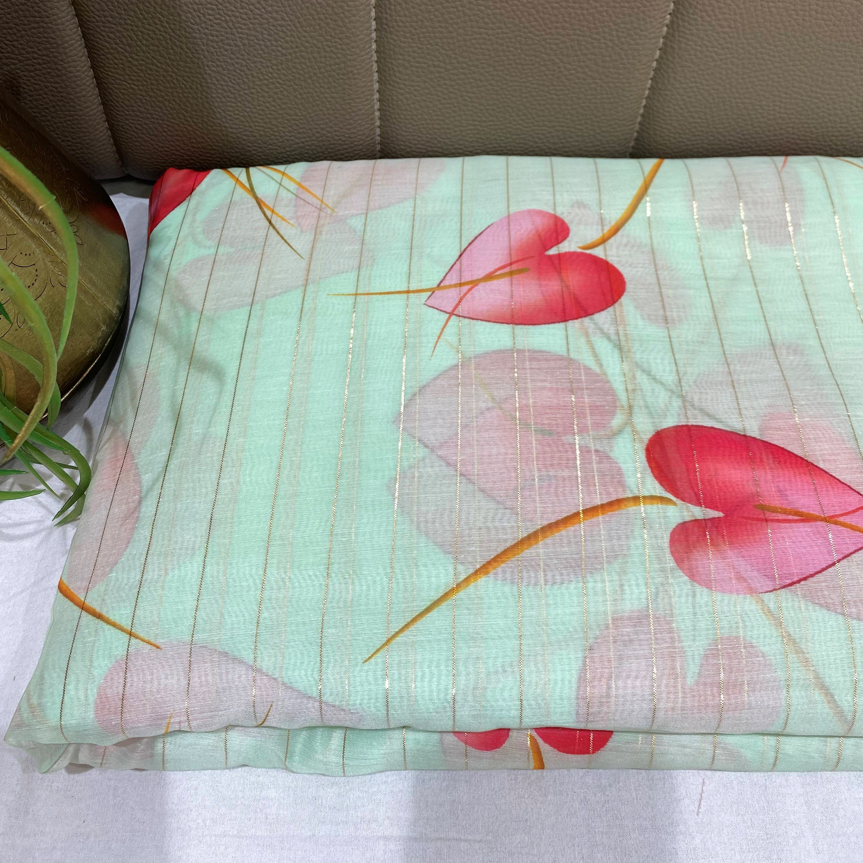 Polylurex Chanderi Fabric In Mint Colour With Pink Leaves Digital Print per meter - indiefabstore