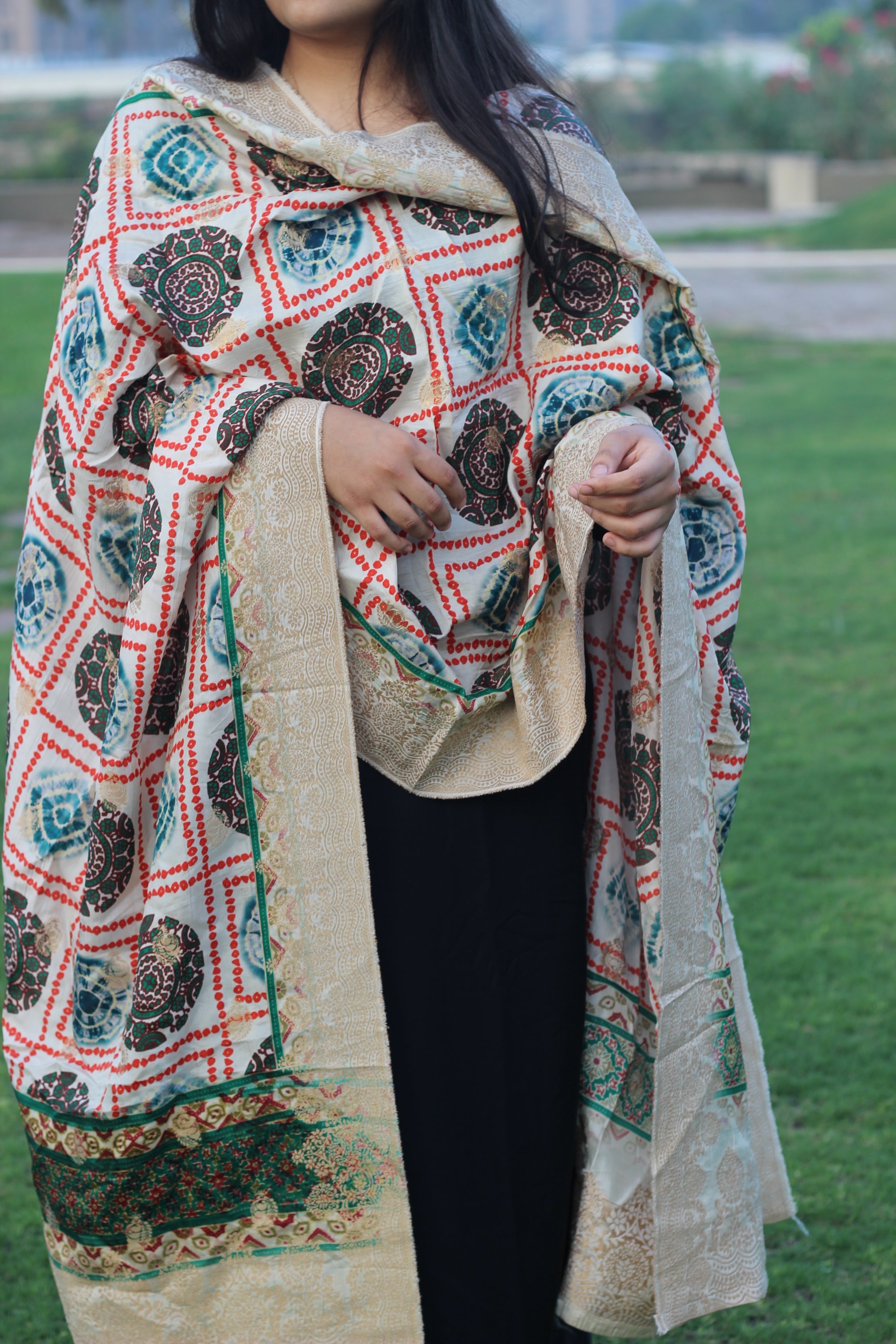 *Restocked* - Ajrakh & Bandhani border Jacquard dupatta - indiefabstore