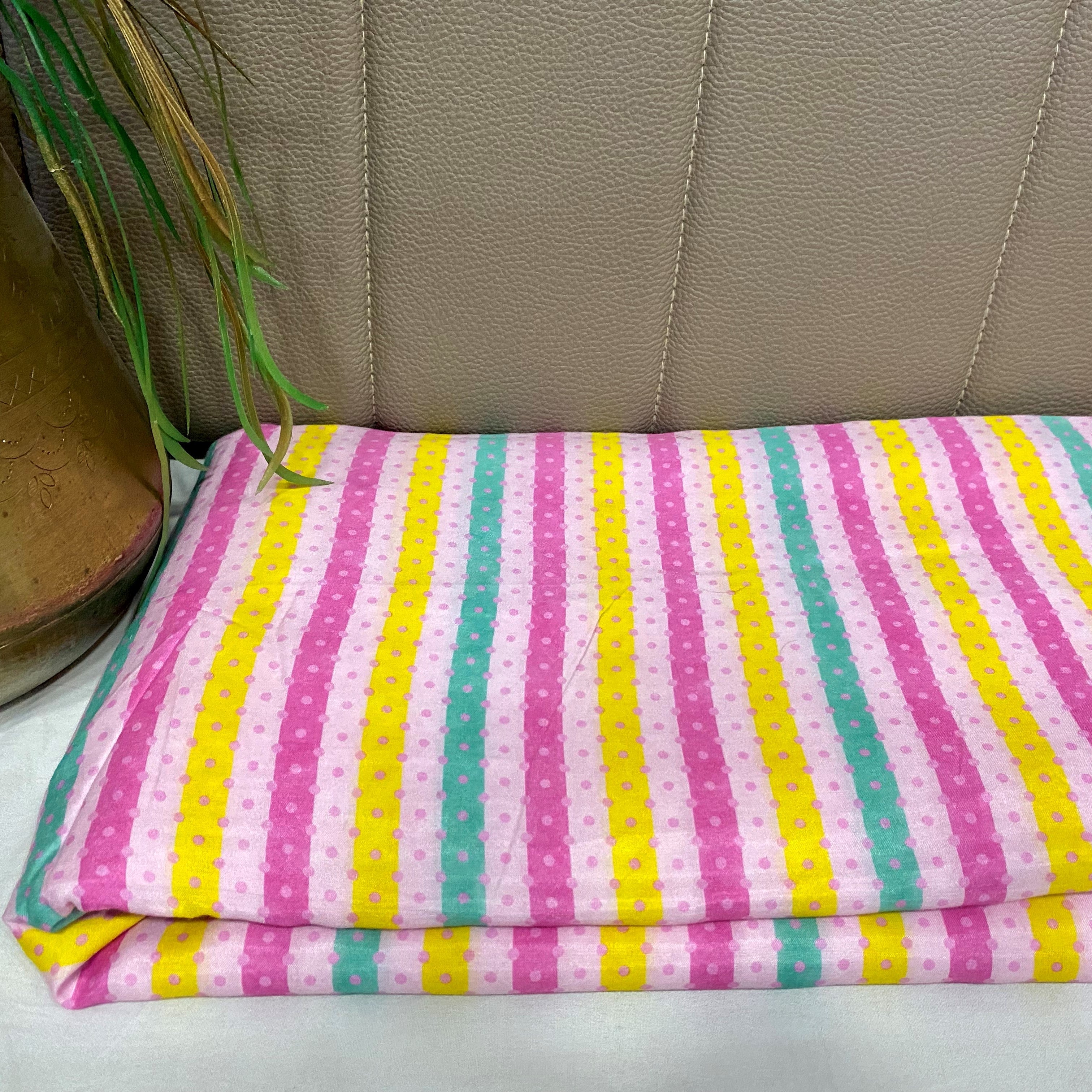 Stripes with Polka dots multicolor print on Pure Muslin per meter - indiefabstore