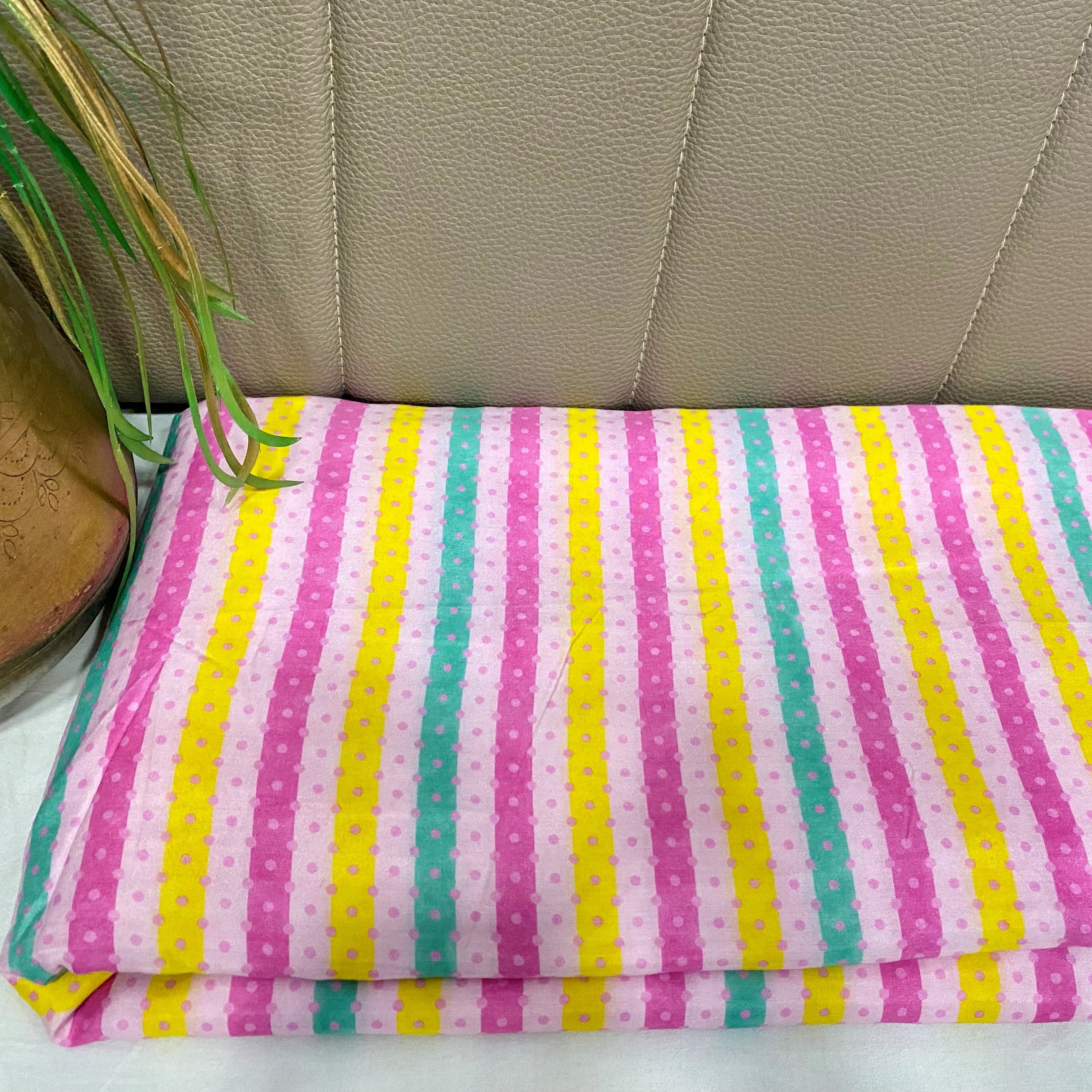 Stripes with Polka dots multicolor print on Pure Muslin per meter - indiefabstore