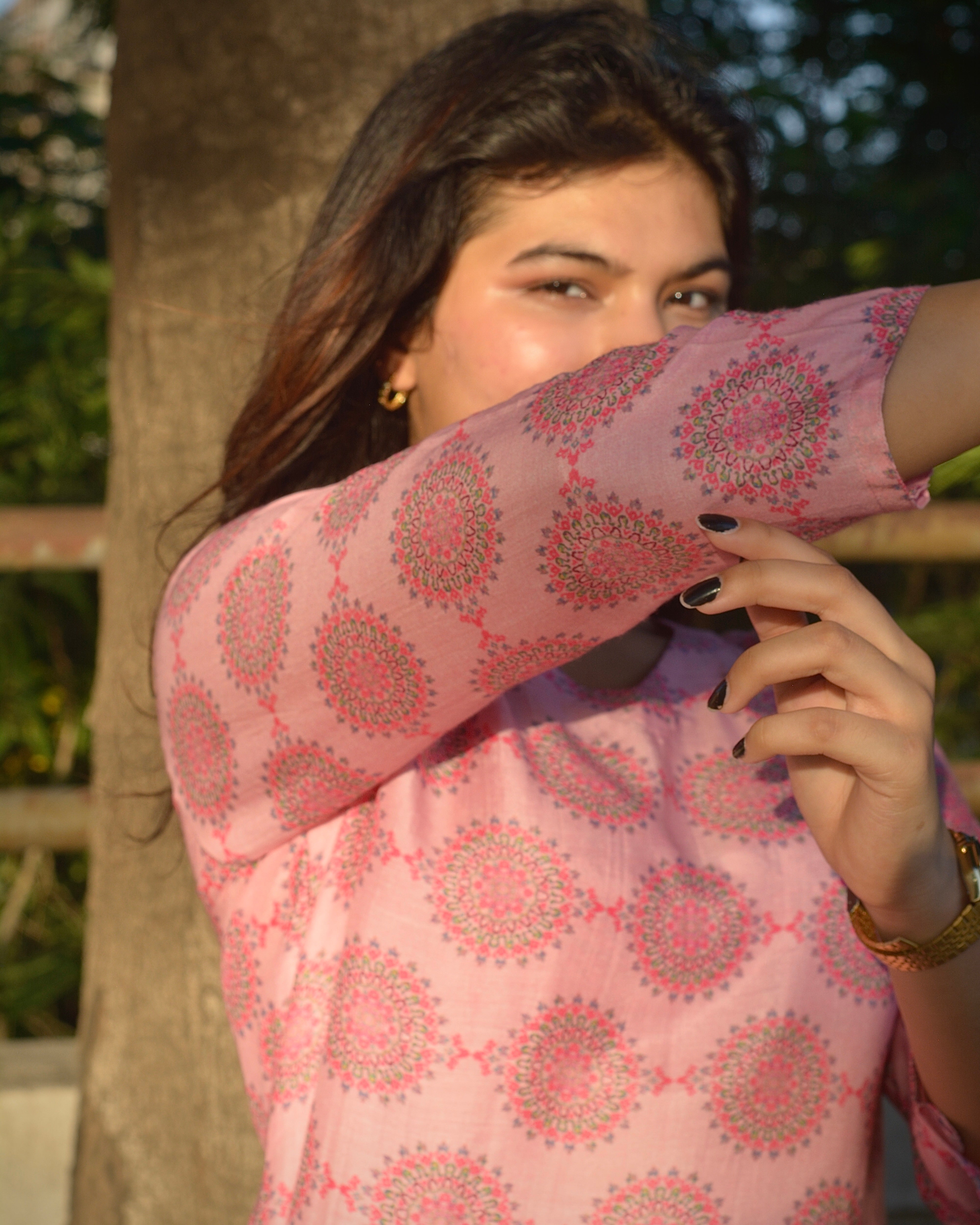 Summer pink geometric pure muslin Suit set- set of 2 - indiefabstore