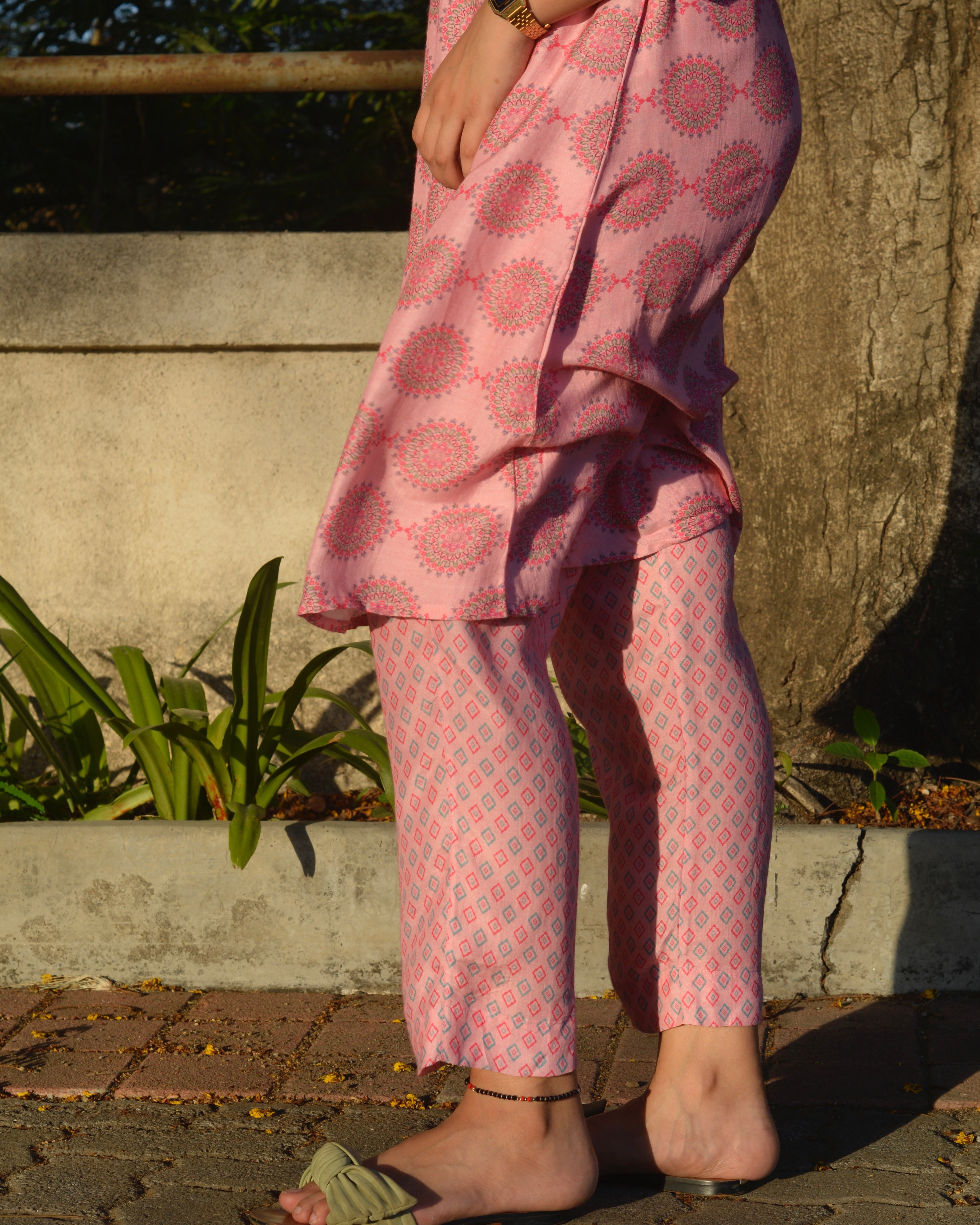 Summer pink geometric pure muslin Suit set- set of 2 - indiefabstore