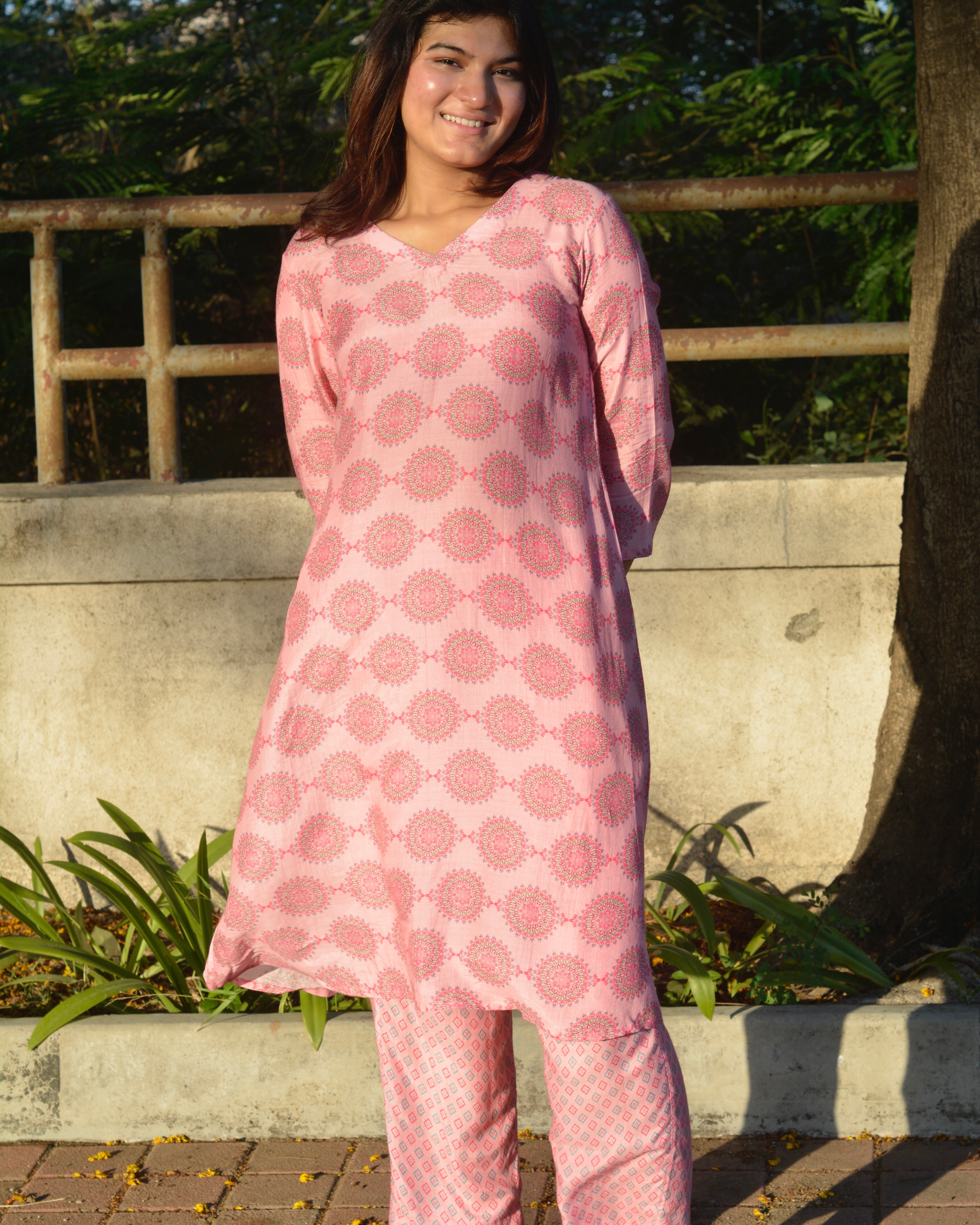 Summer pink geometric pure muslin Suit set- set of 2 - indiefabstore