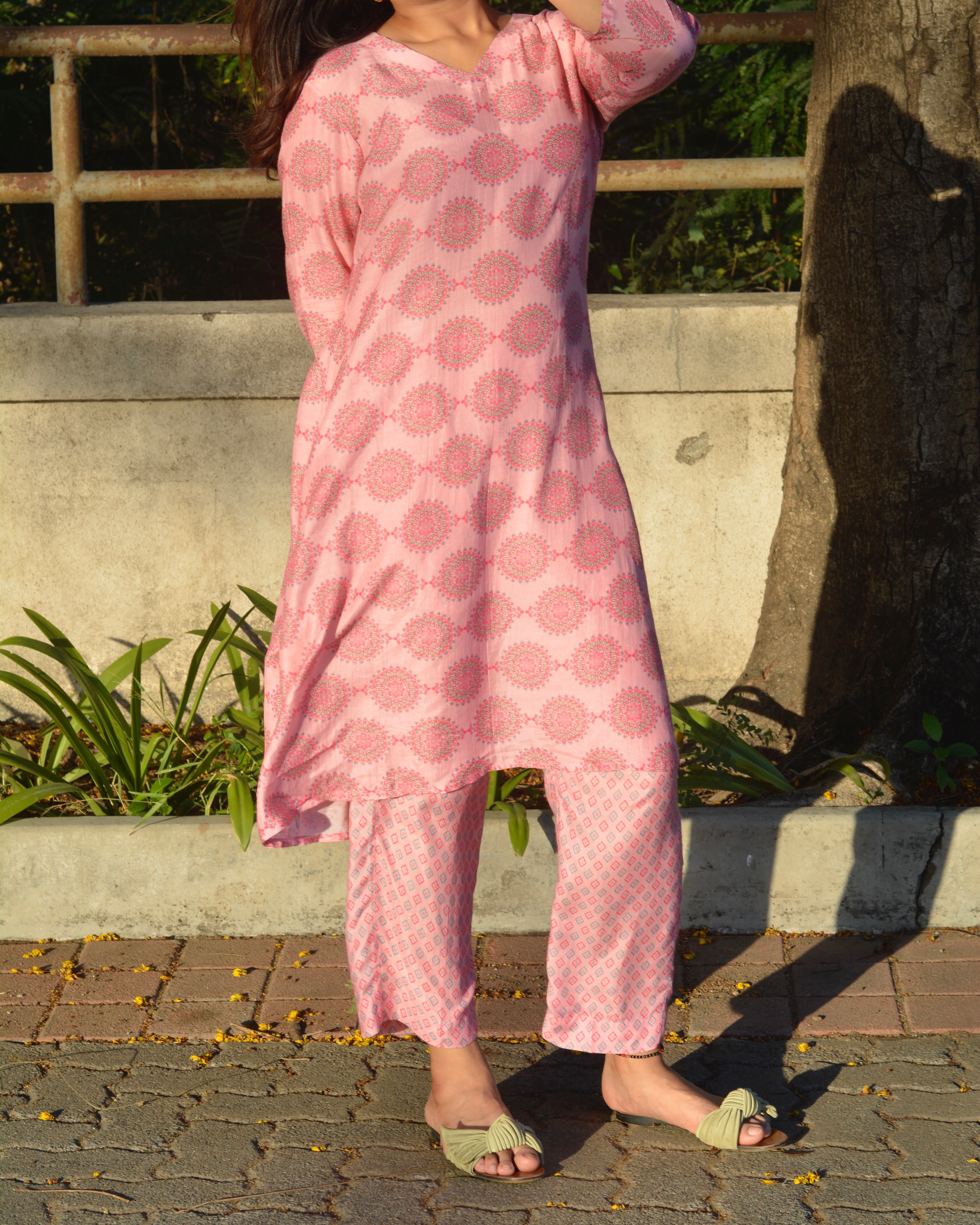 Summer pink geometric pure muslin Suit set- set of 2 - indiefabstore