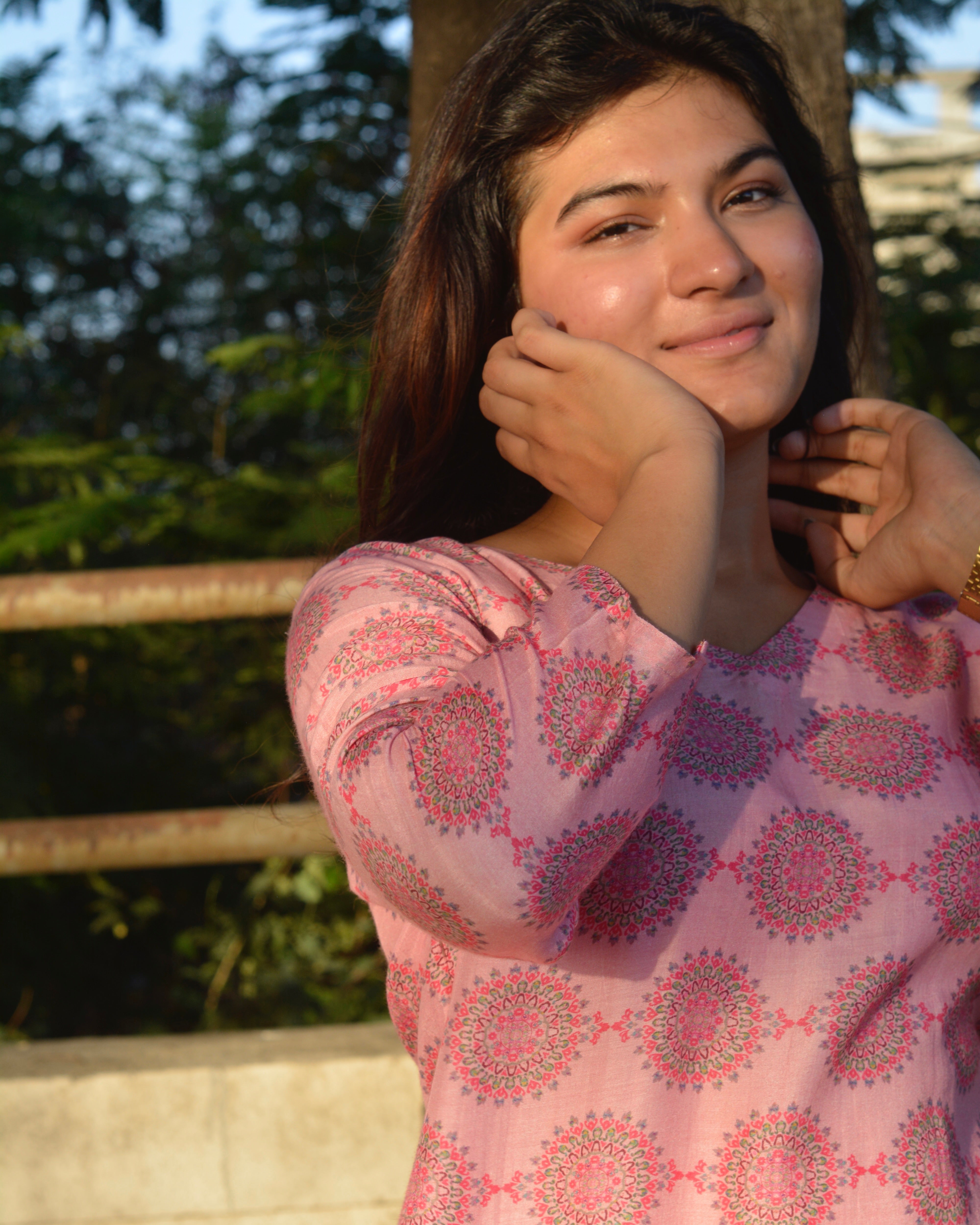 Summer pink geometric pure muslin Suit set- set of 2 - indiefabstore