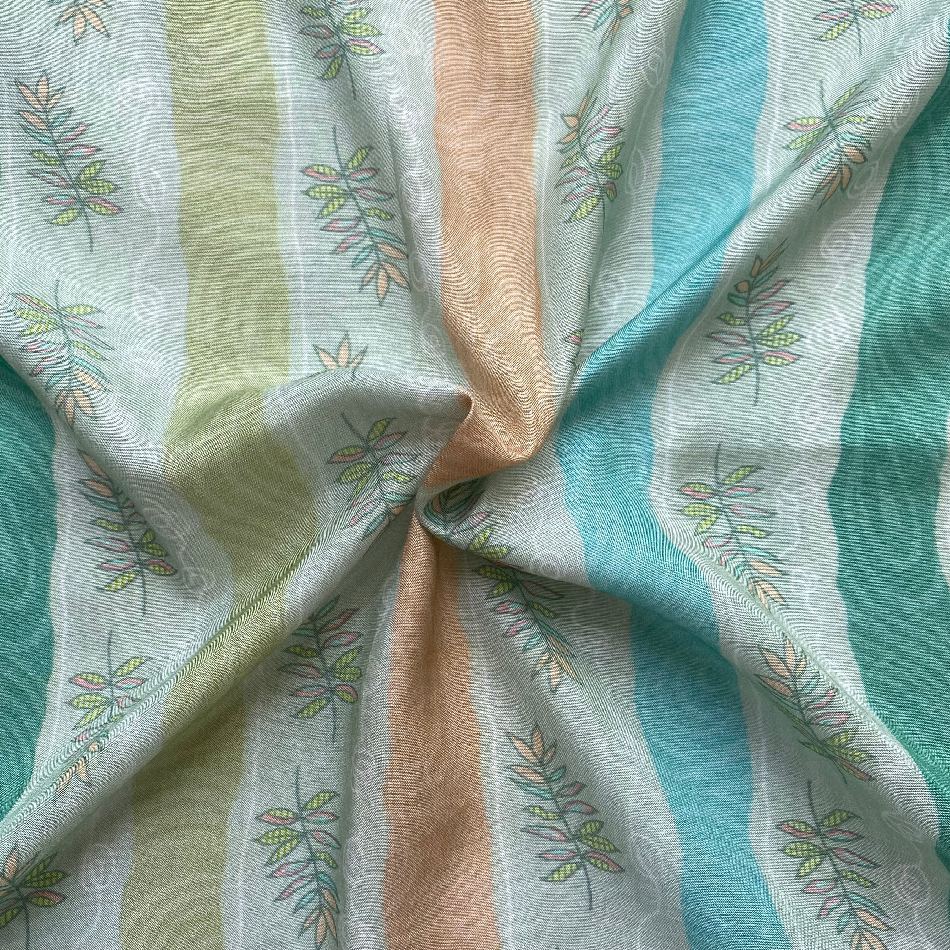 Summer shades stripes with floral contrast pure muslin fabric per meter - indiefabstore