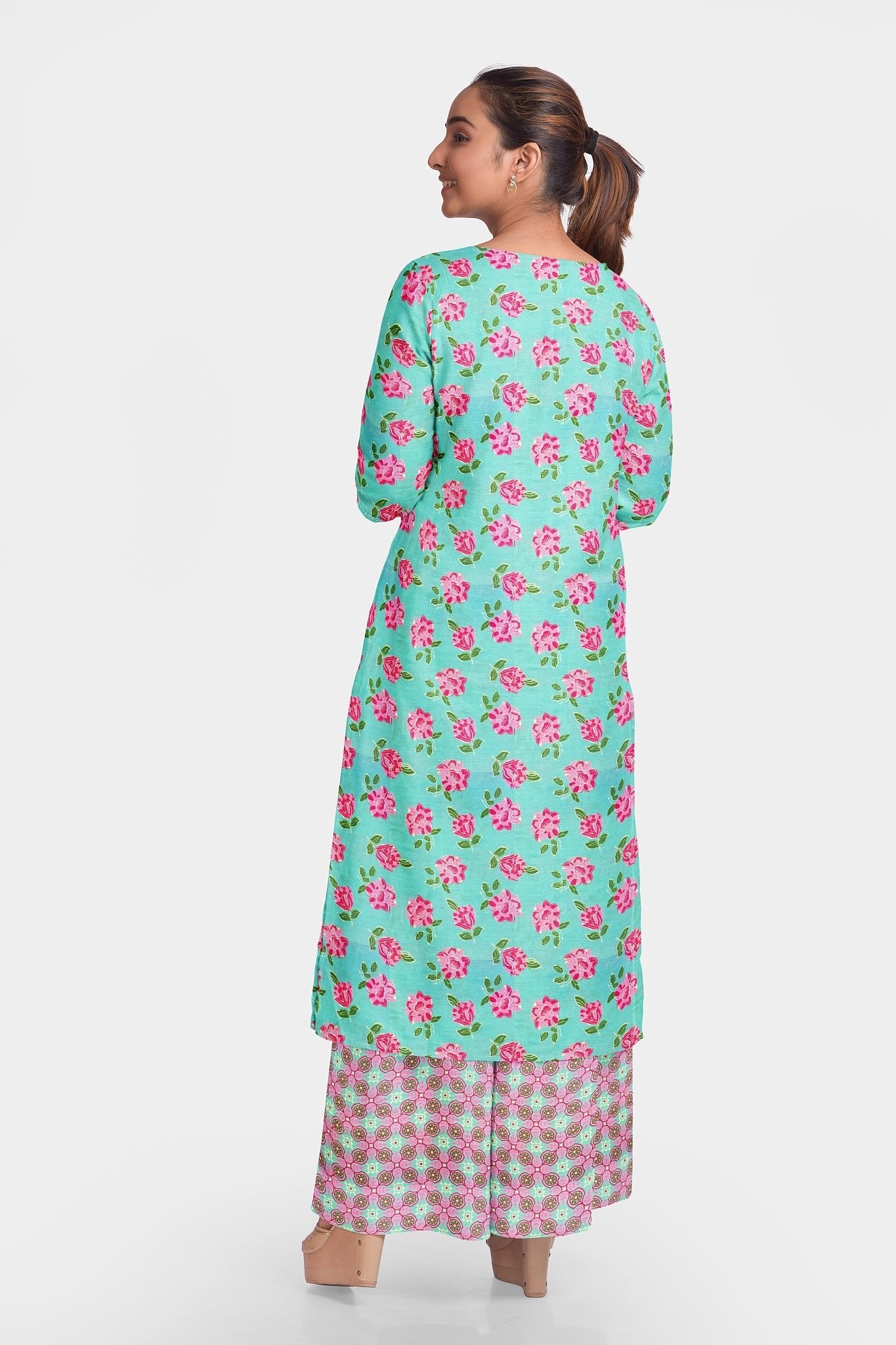 Top and bottom basic floral print on pure muslin fabric - Sky blue & Pink, per meter price - indiefabstore