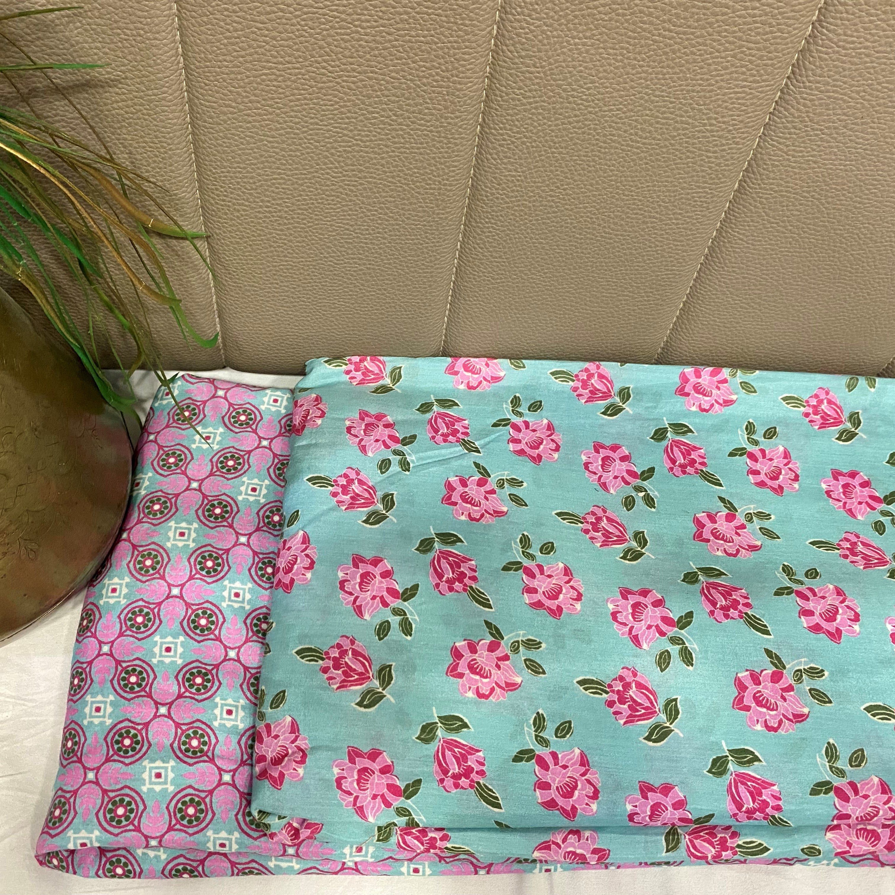 Top and bottom basic floral print on pure muslin fabric - Sky blue & Pink, per meter price - indiefabstore