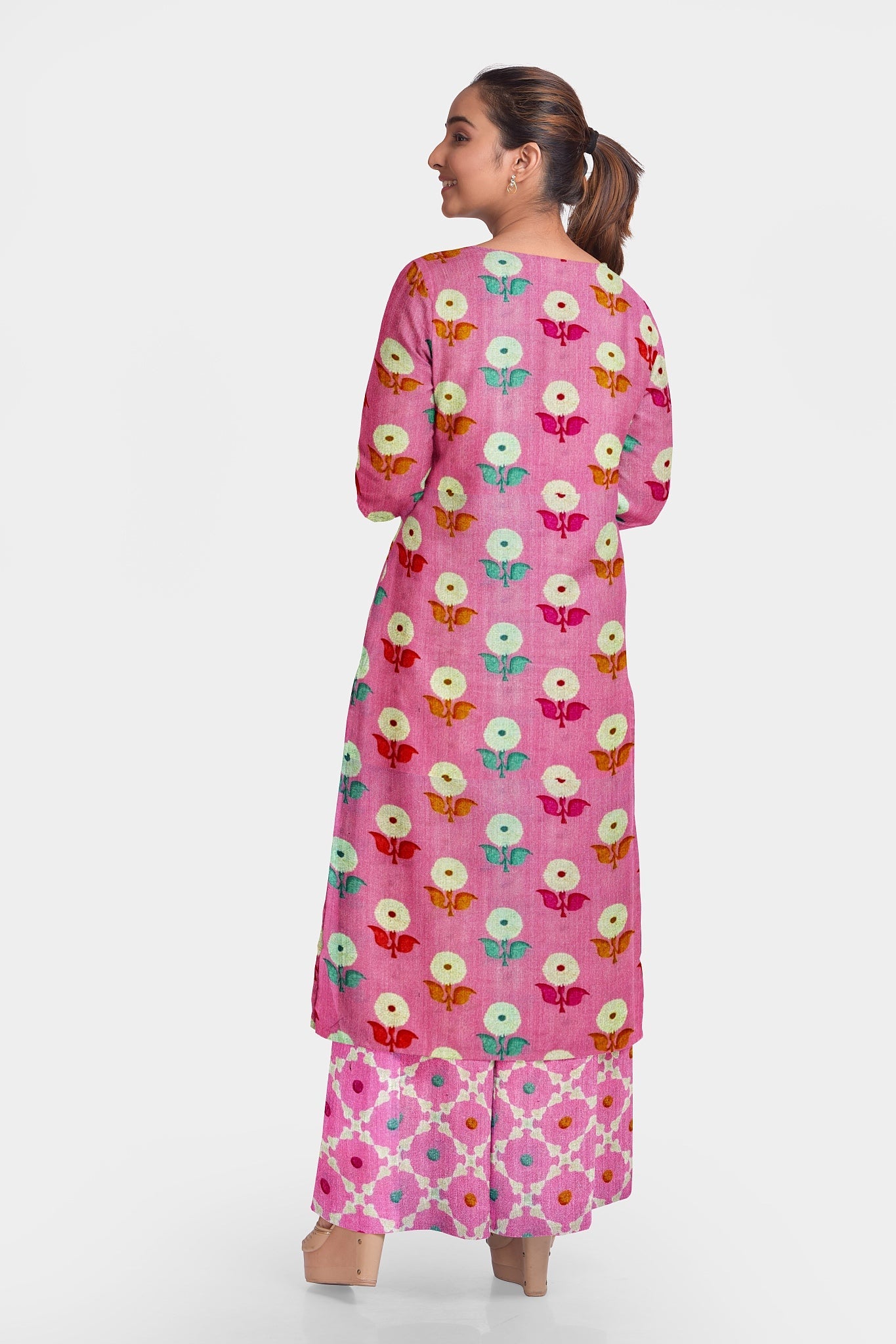 Top And Bottom Fuschia Colored Printed Super Cotton Fabric With Booti And Circular print per meter price - indiefabstore
