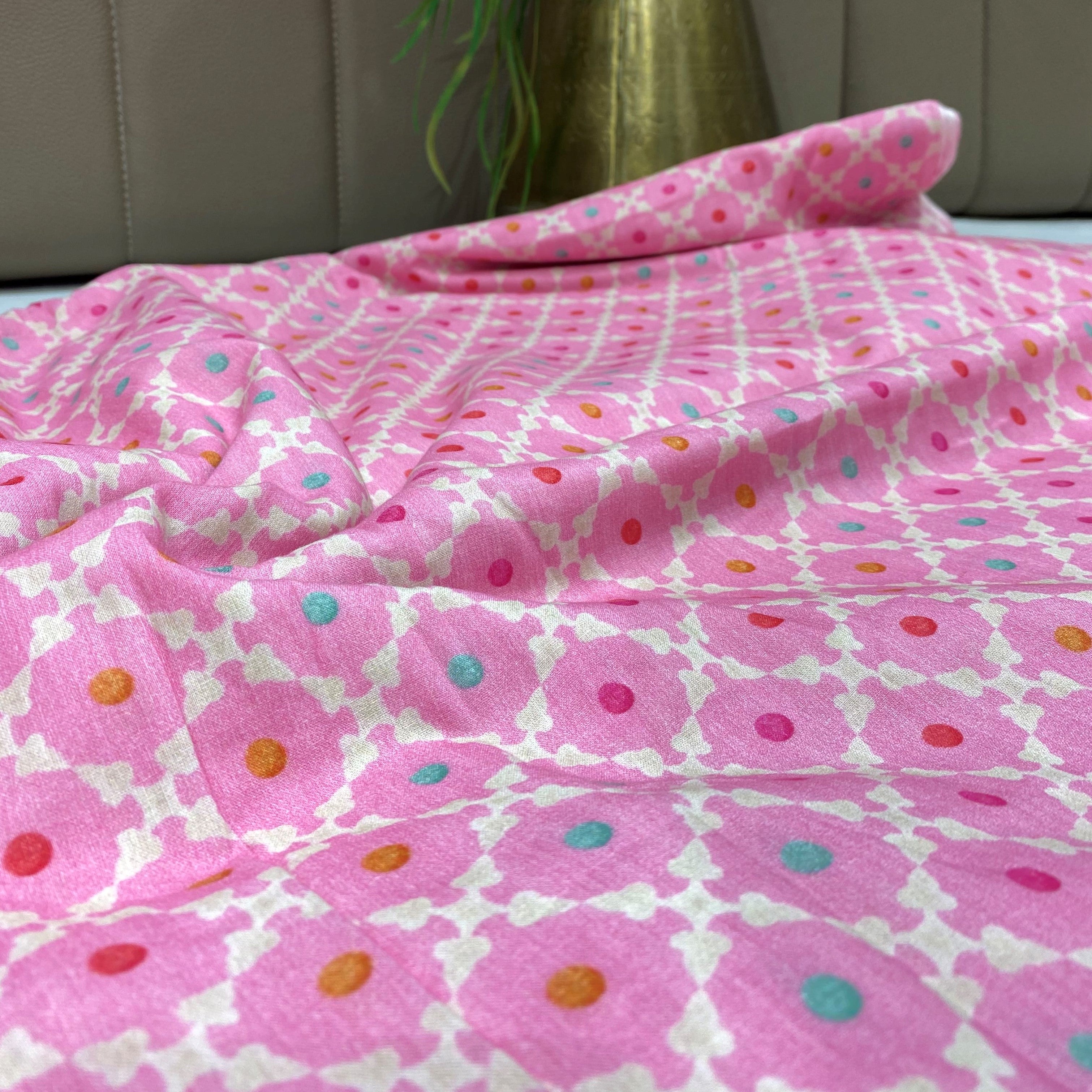 Top And Bottom Fuschia Colored Printed Super Cotton Fabric With Booti And Circular print per meter price - indiefabstore