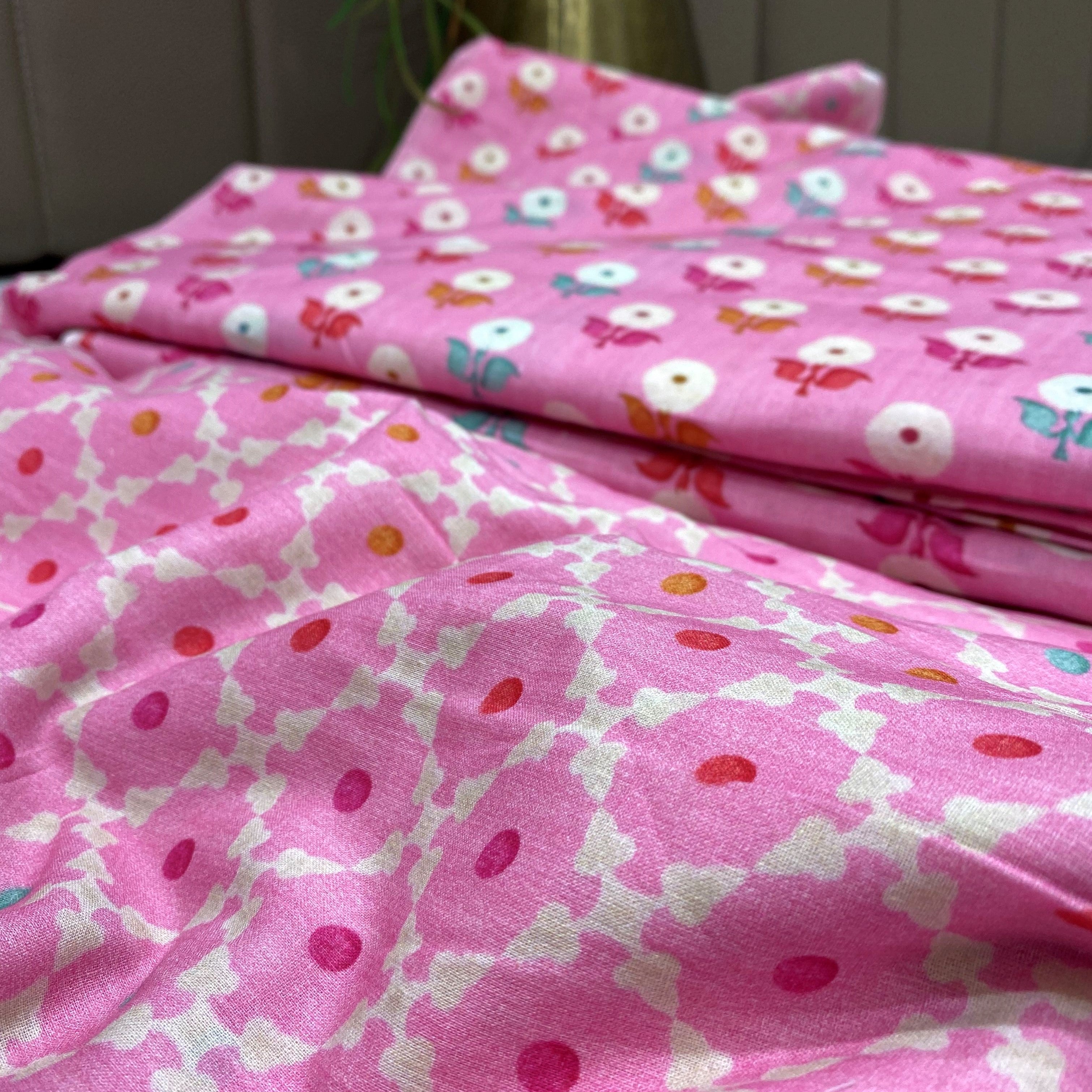 Top And Bottom Fuschia Colored Printed Super Cotton Fabric With Booti And Circular print per meter price - indiefabstore