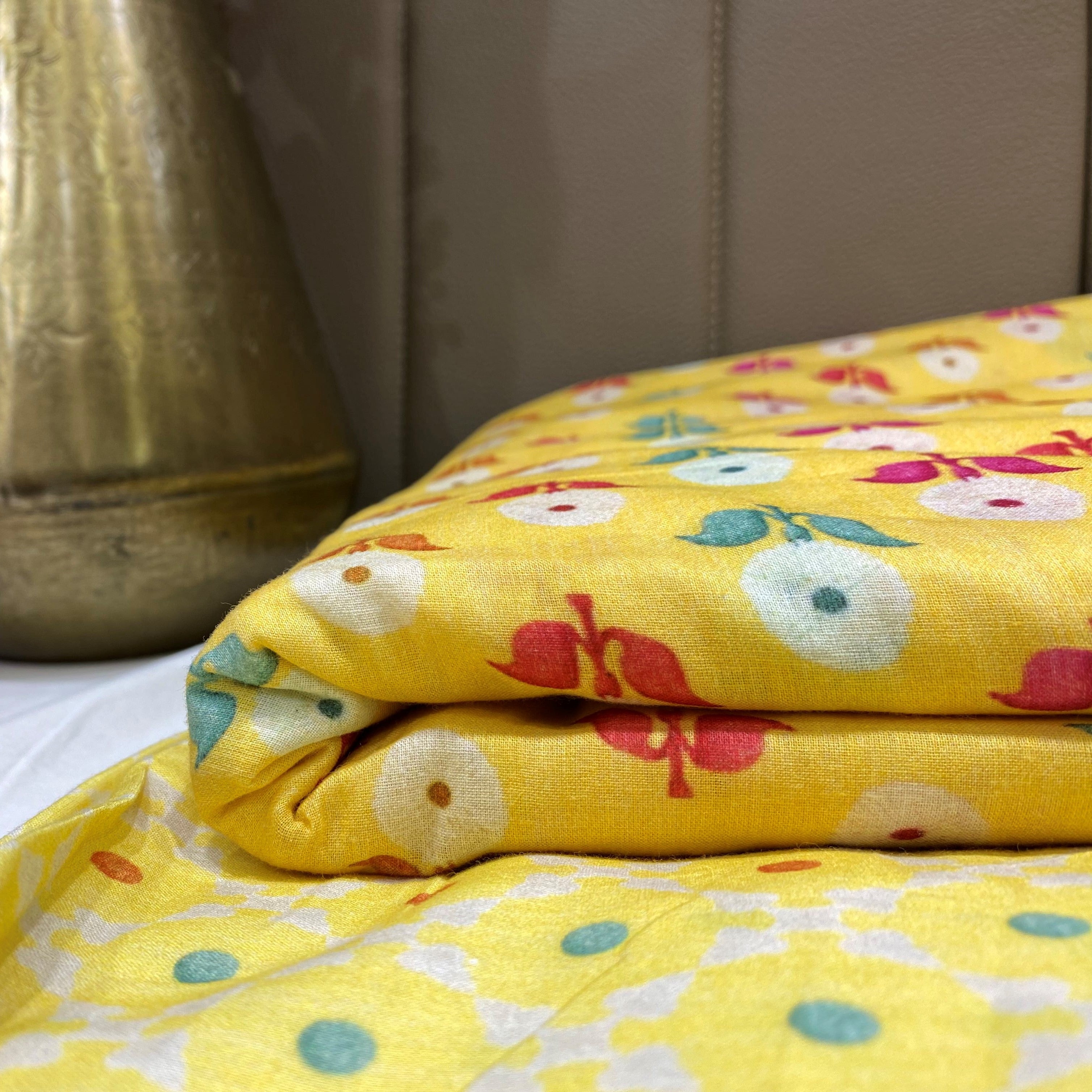 Top And Bottom Yellow Colored Printed Super Cotton Fabric With Booti And Circular Print per meter price - indiefabstore