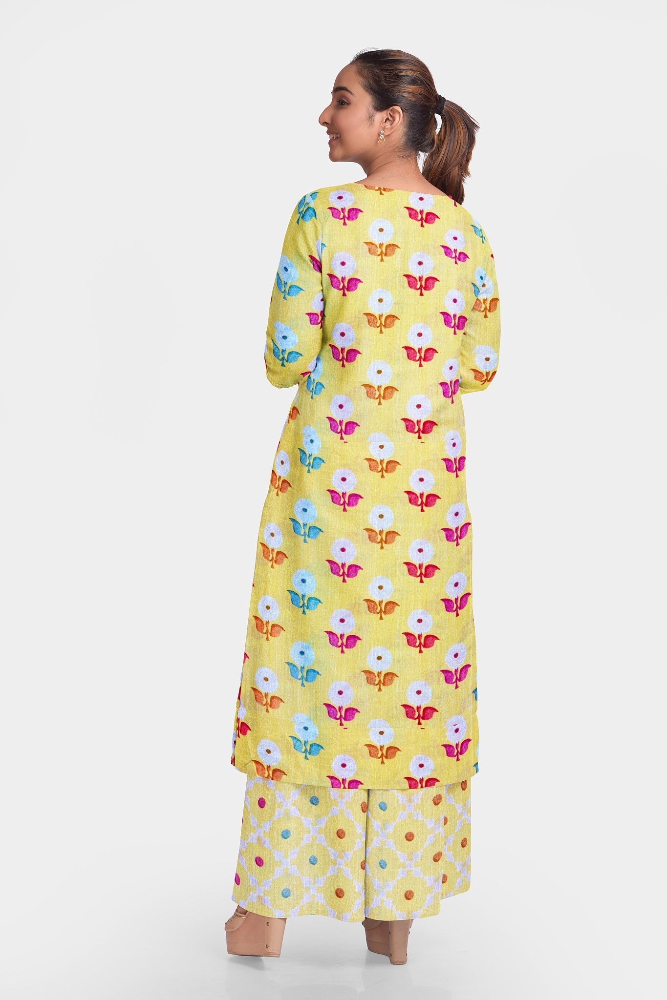 Top And Bottom Yellow Colored Printed Super Cotton Fabric With Booti And Circular Print per meter price - indiefabstore