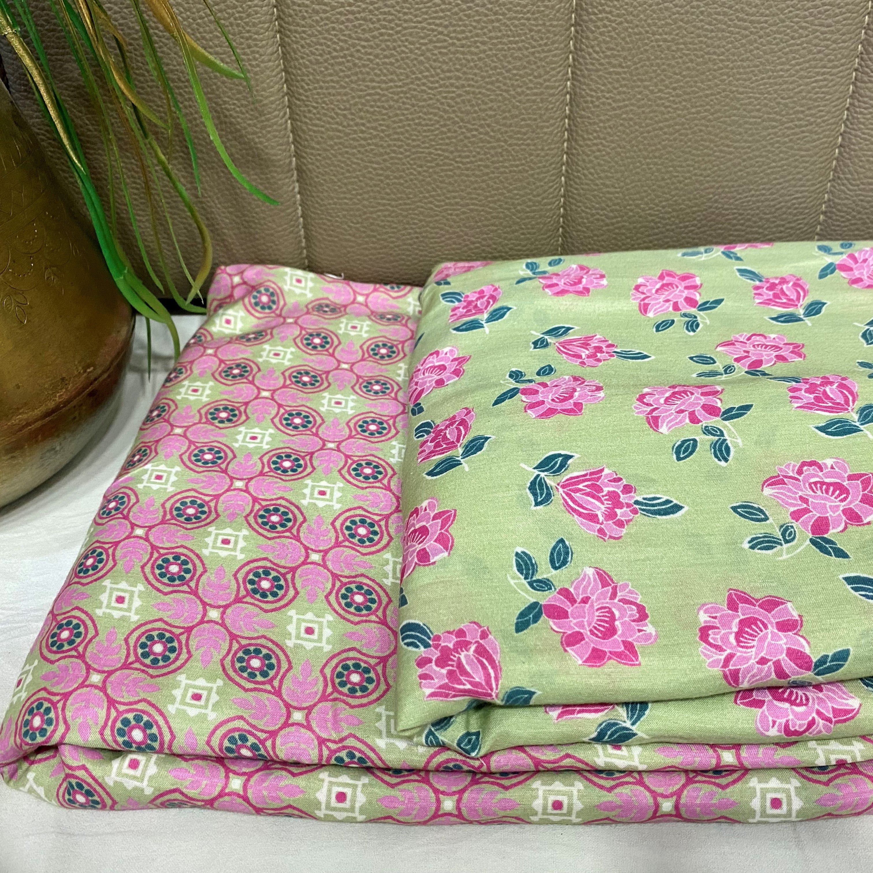 Top & Bottom subtle coloured Pure muslin Set - Green & Pink, per meter price - indiefabstore