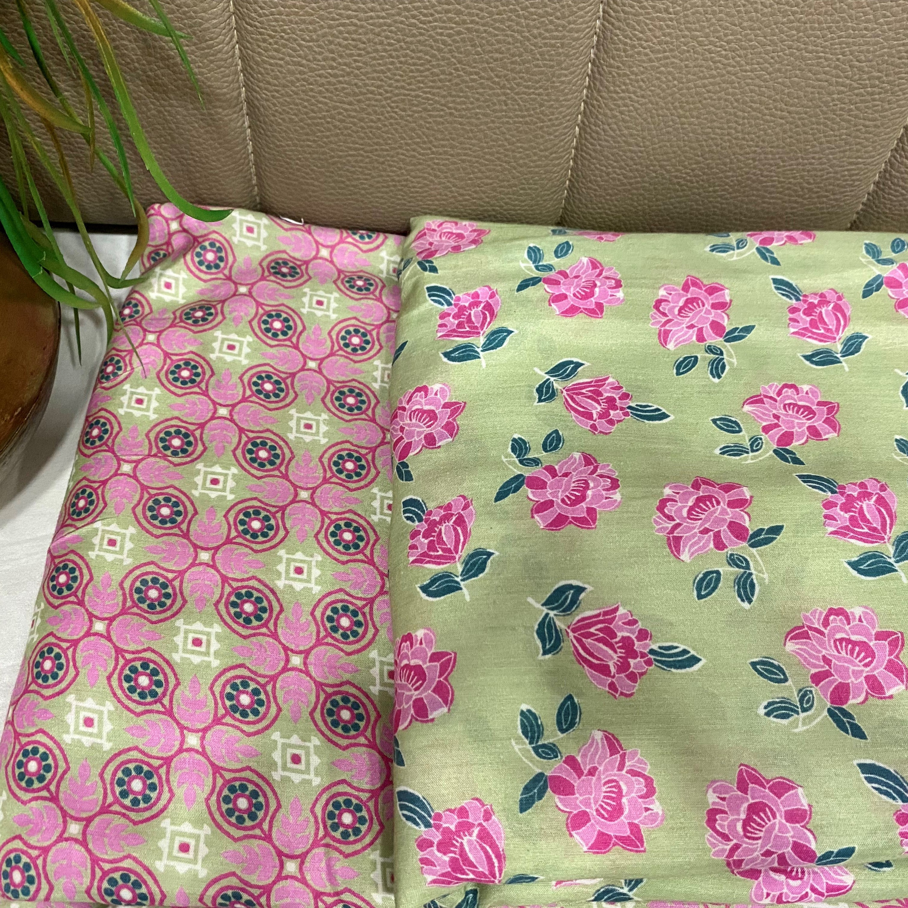 Top & Bottom subtle coloured Pure muslin Set - Green & Pink, per meter price - indiefabstore