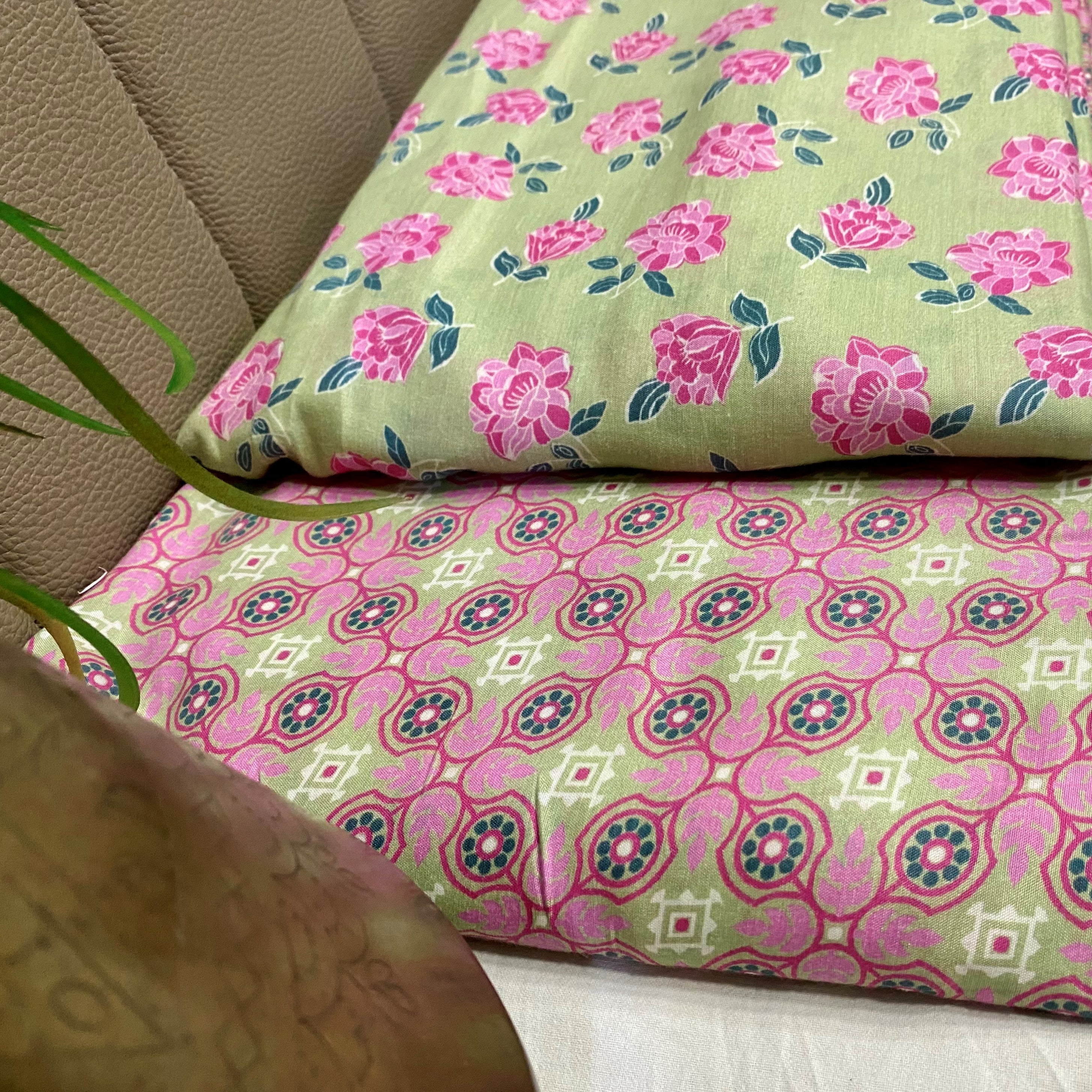 Top & Bottom subtle coloured Pure muslin Set - Green & Pink, per meter price - indiefabstore