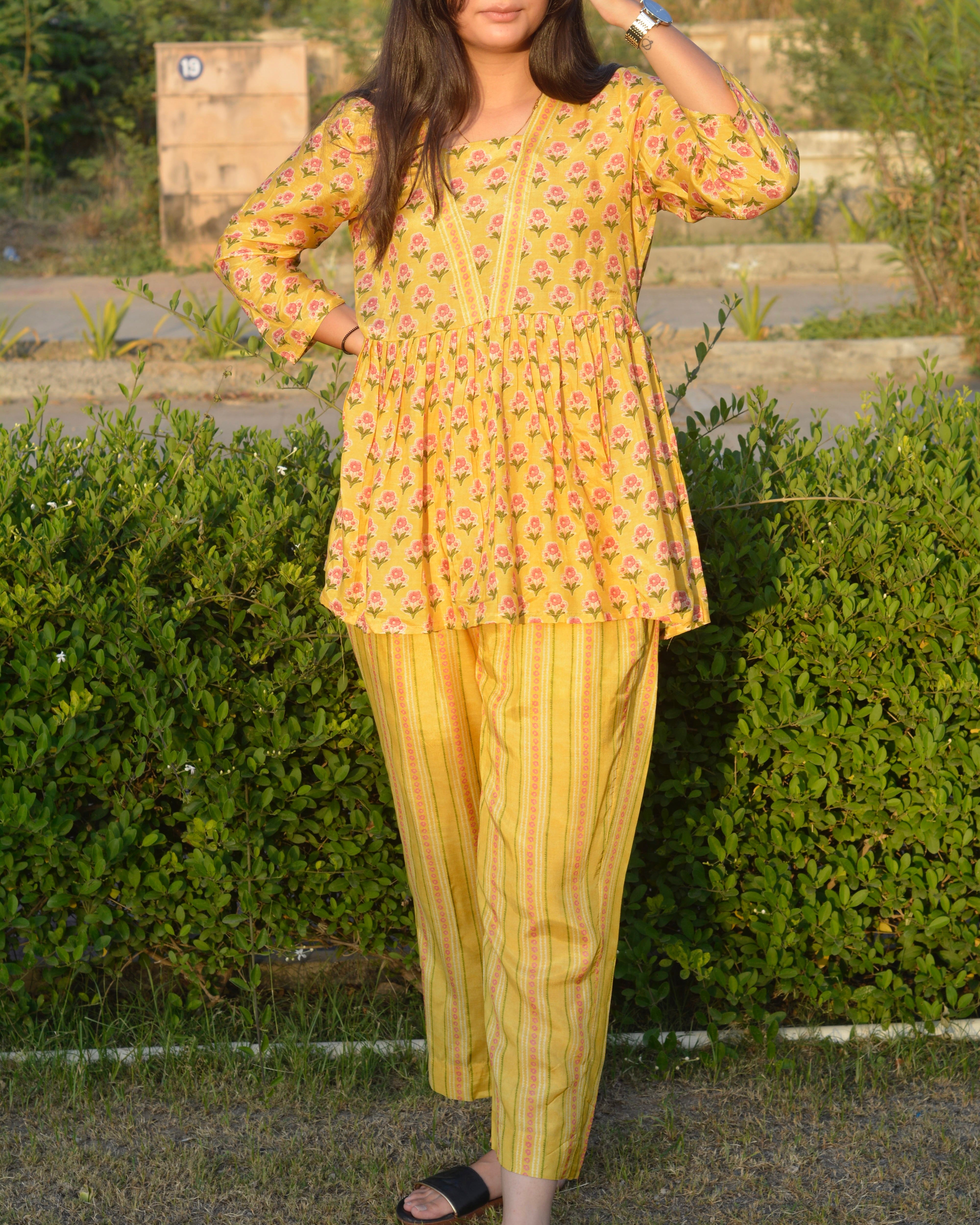 Yellow pure muslin contrasting small florals top - indiefabstore