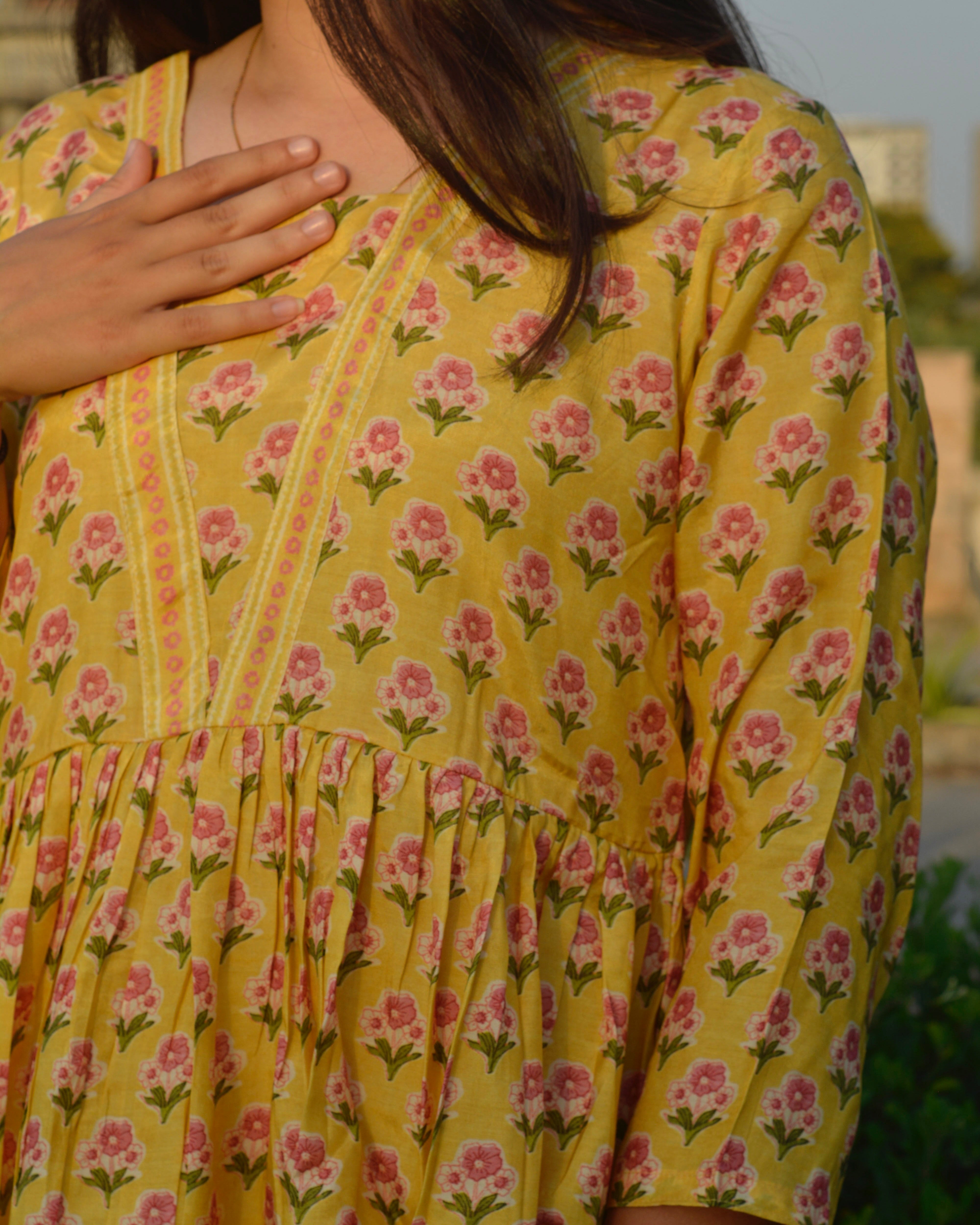 Yellow pure muslin contrasting small florals top - indiefabstore