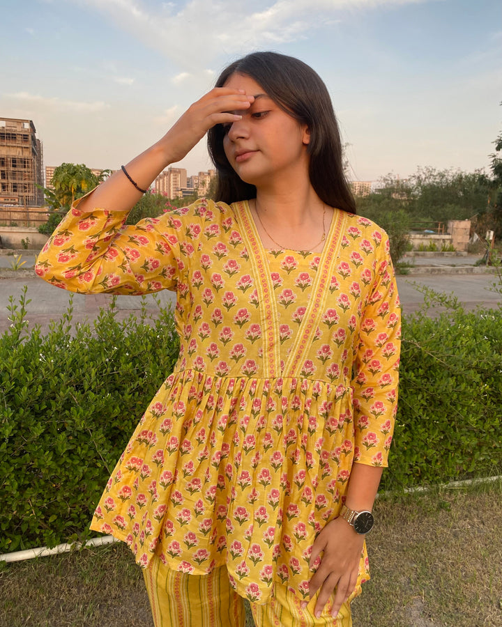 Yellow pure muslin contrasting small florals top - indiefabstore