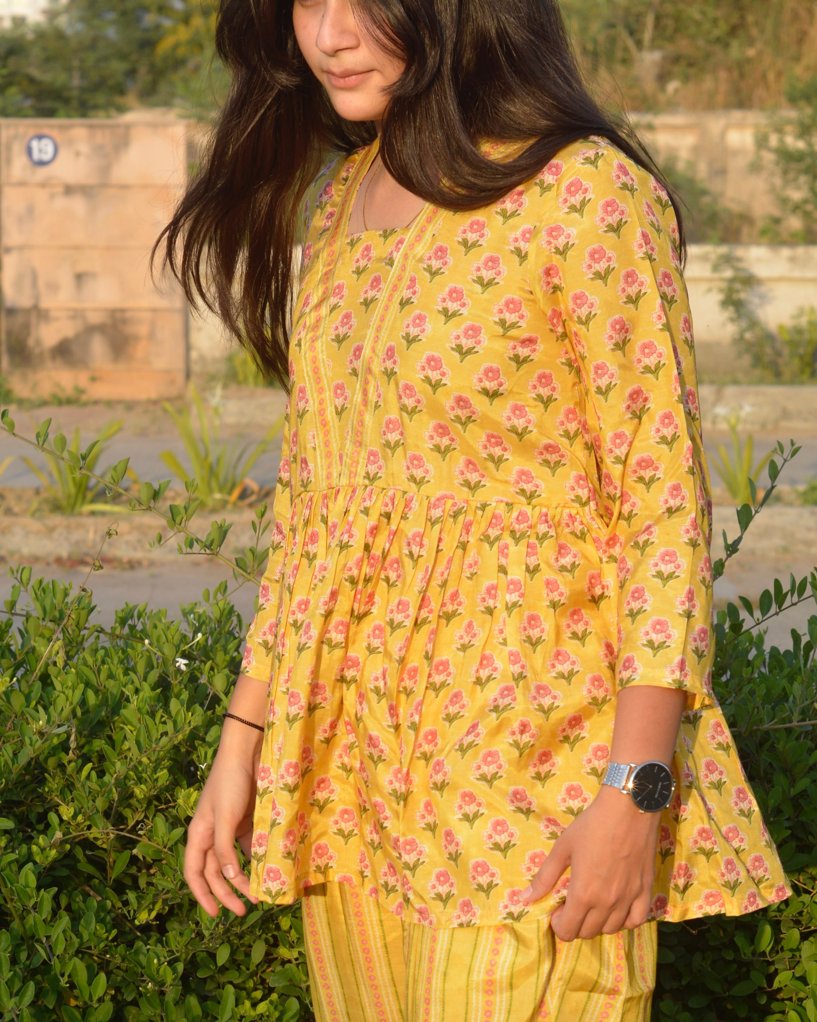 Yellow pure muslin contrasting small florals top - indiefabstore