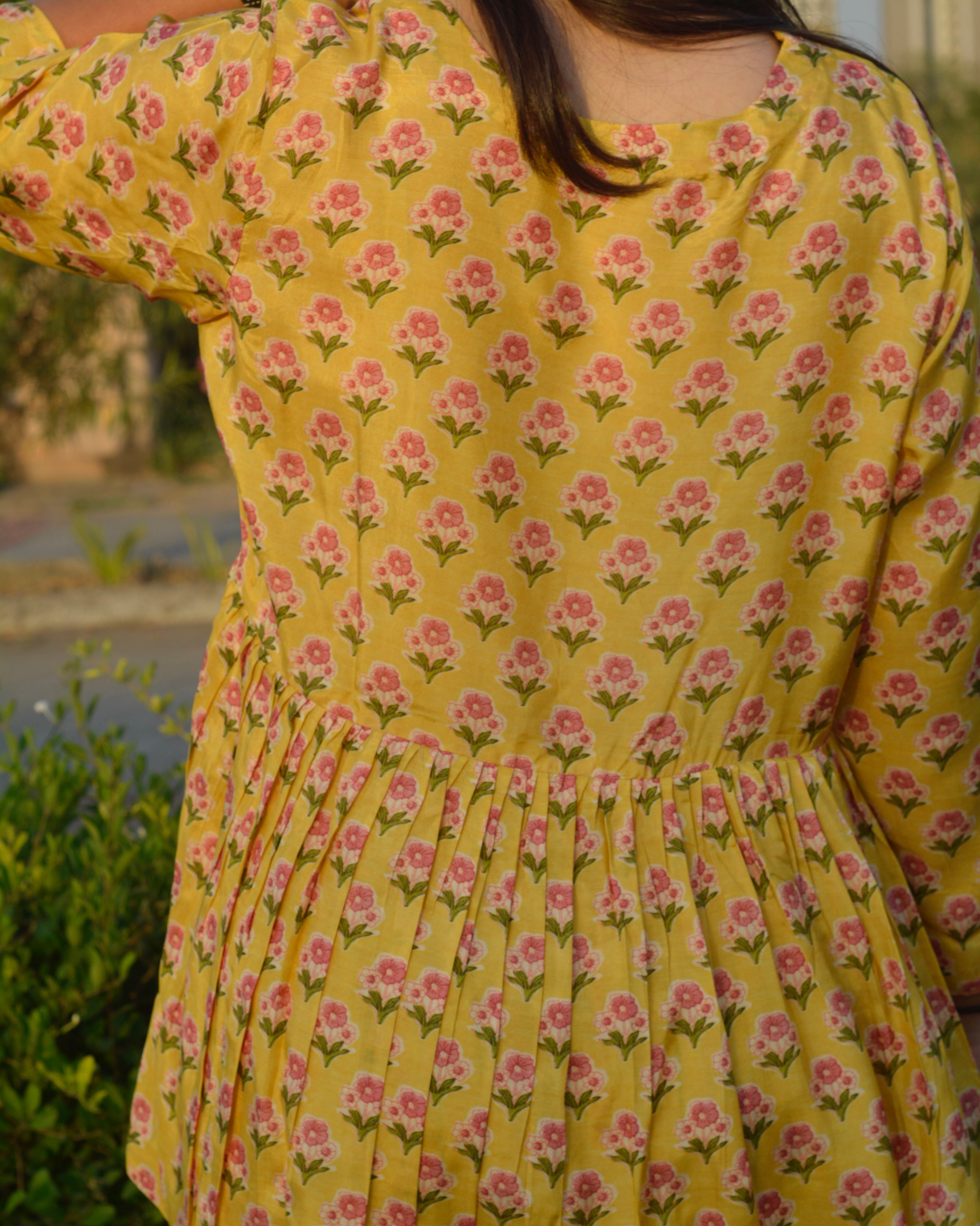 Yellow pure muslin contrasting small florals top - indiefabstore