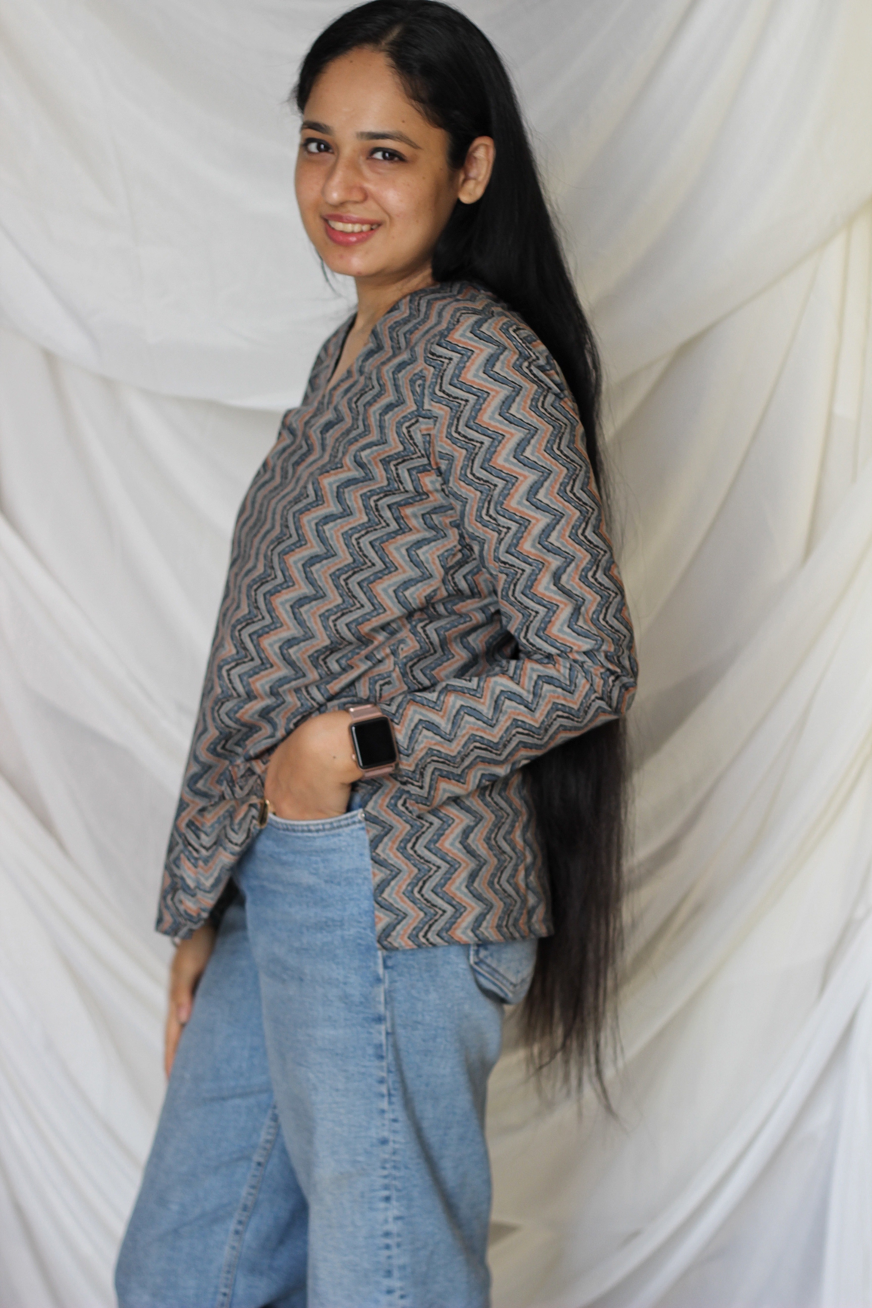 Zig zag contrast color pure cotton short kurta - indiefabstore